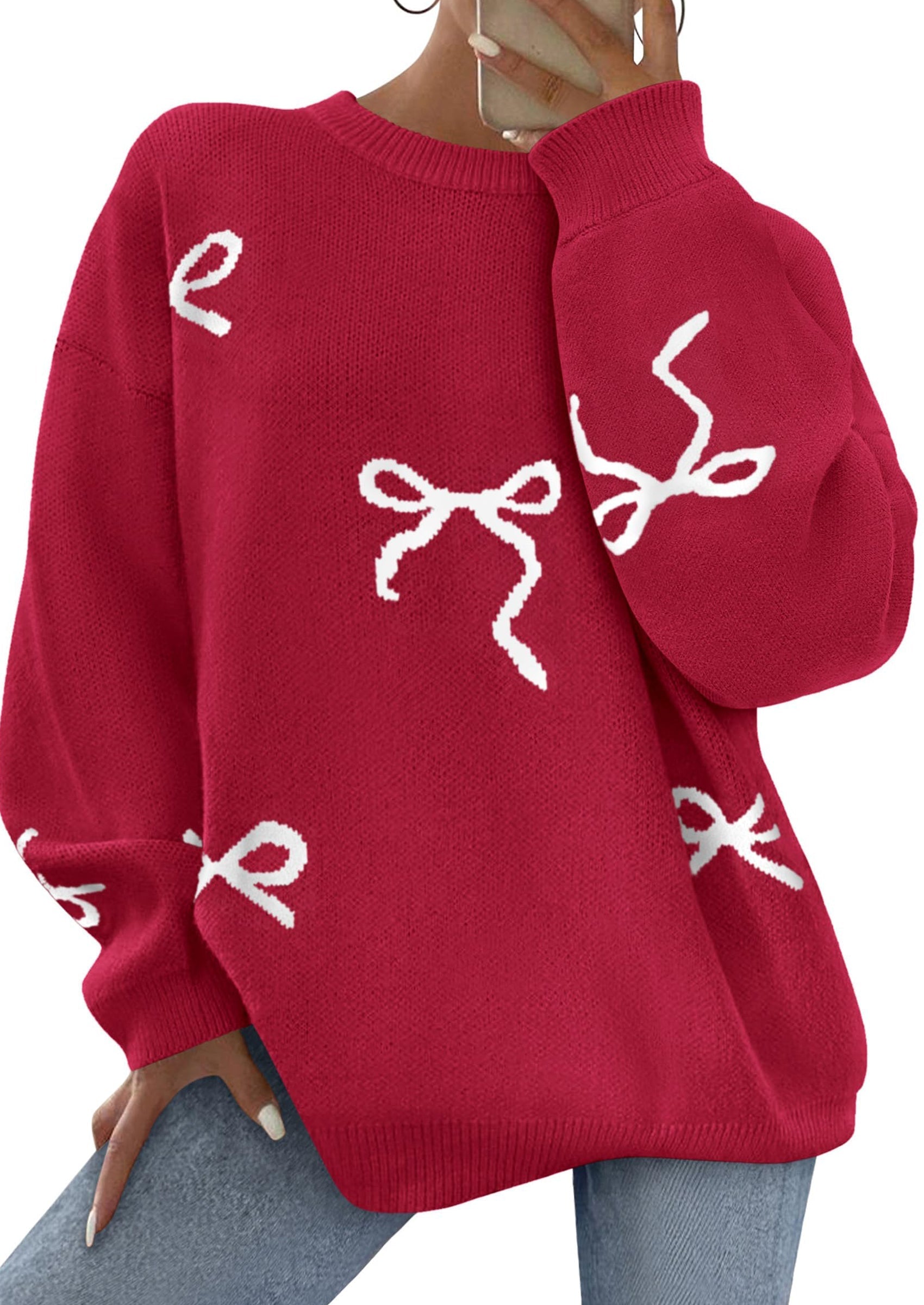 Fall Long Sleeve Pullover Sweaters for Women Trendy Crewneck Casual Cute Bow Chunky Knit Oversized Sweater