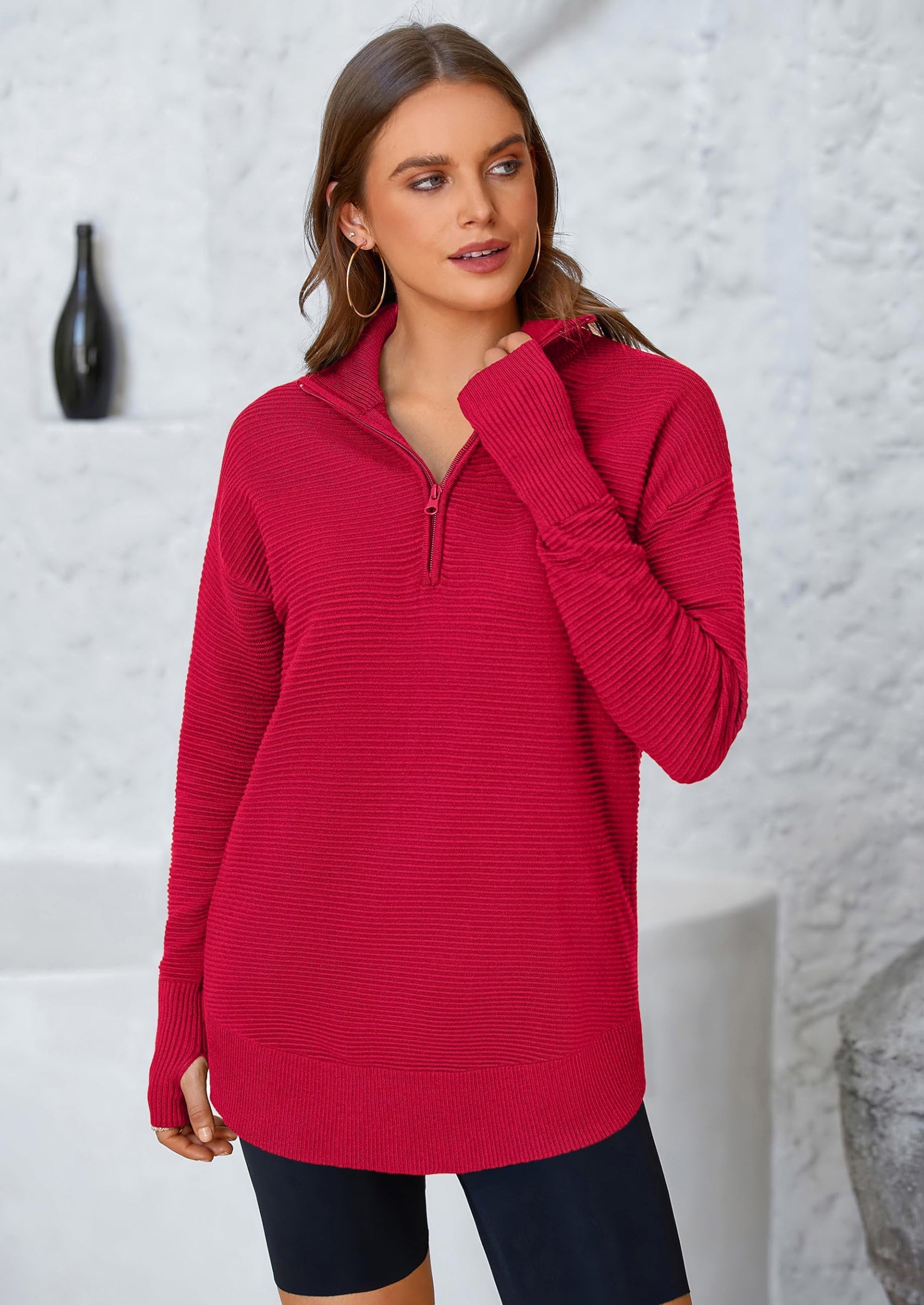 Womens Long Sleeve Quarter Zip Pullover Sweater Casual Loose V Neck Collared Ribbed Knit Jumper Tops Thumb Hole