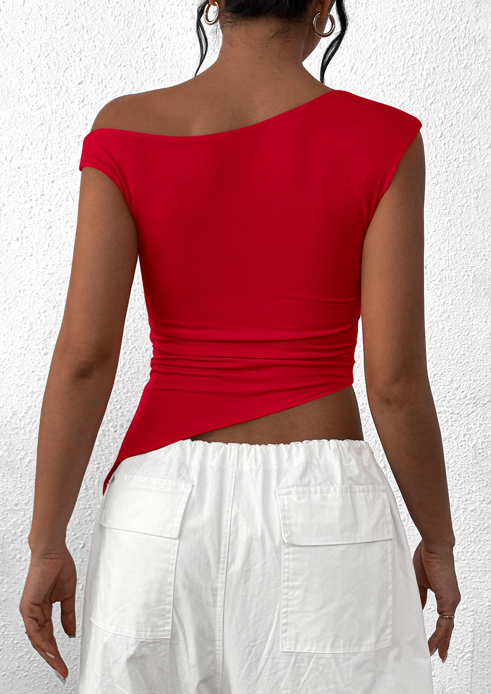 Womens Off The Shoulder Tops Summer Sleeveless One Shoulder Ruched Asymmetrical Y2K Going Out Crop Tank Top