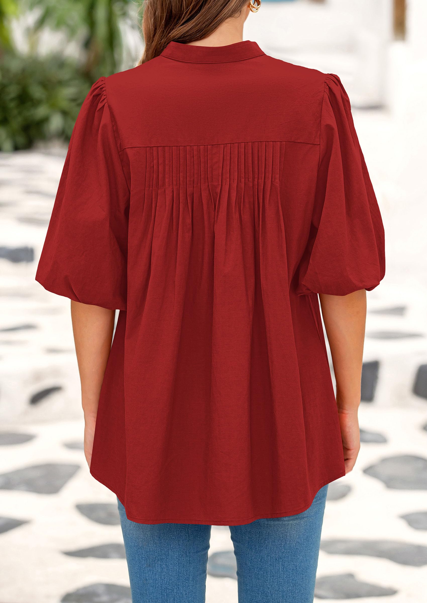 Women's Summer Short Lantern Sleeve Tops Loose Fit Button Down Shirt Casual Pleated V Neck Blouses