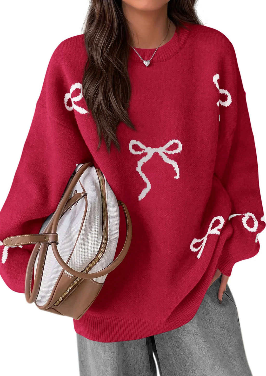 Fall Long Sleeve Pullover Sweaters for Women Trendy Crewneck Casual Cute Bow Chunky Knit Oversized Sweater