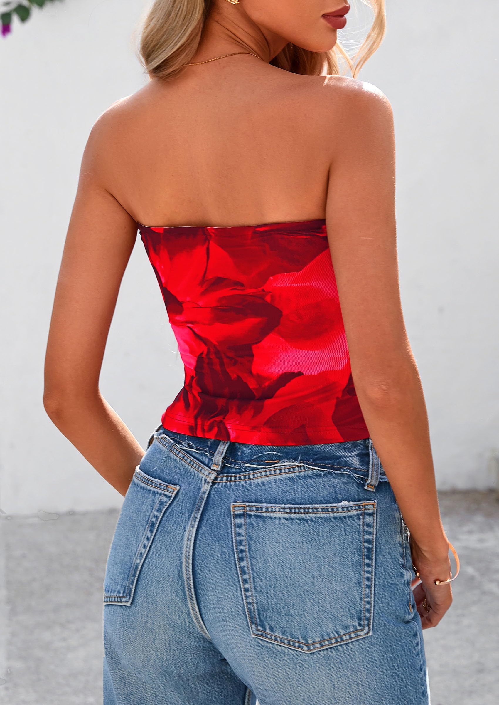 Strapless Tube Tops for Women Summer Mesh Floral Y2K Bandeau Cute Crop Top Trendy Going Out Outfits