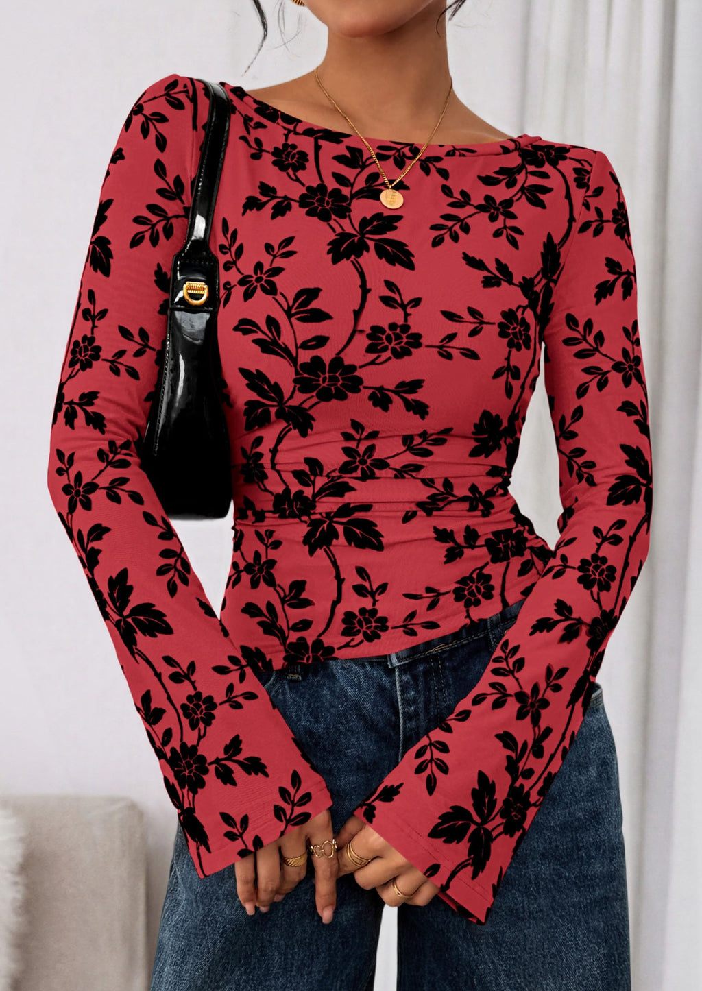 Women Long Sleeve Floral Mesh Tops Blouse  Fall Trendy Boat Neck Ruched Fitted Shirt Going Out Date Outfits