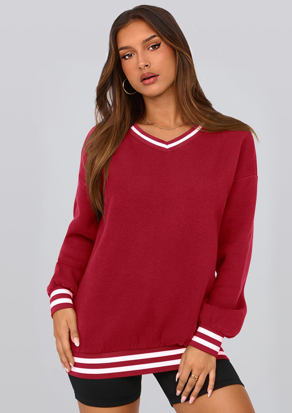 Women's Oversized Sweatshirts Casual Long Sleeve Stripes Knit V Neck Pullover Top Fall Teens Preppy Clothes