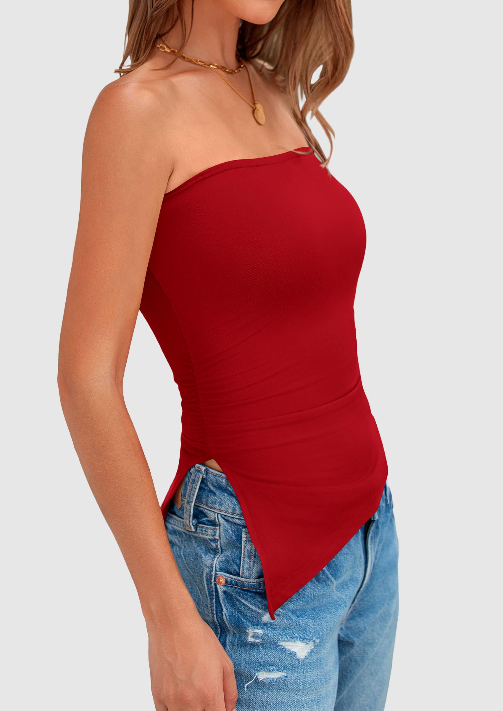 Womens Summer Tube Tops Trendy Strapless Ruched Going Out Tops Outfits Asymmetrical Bandeau Shirts