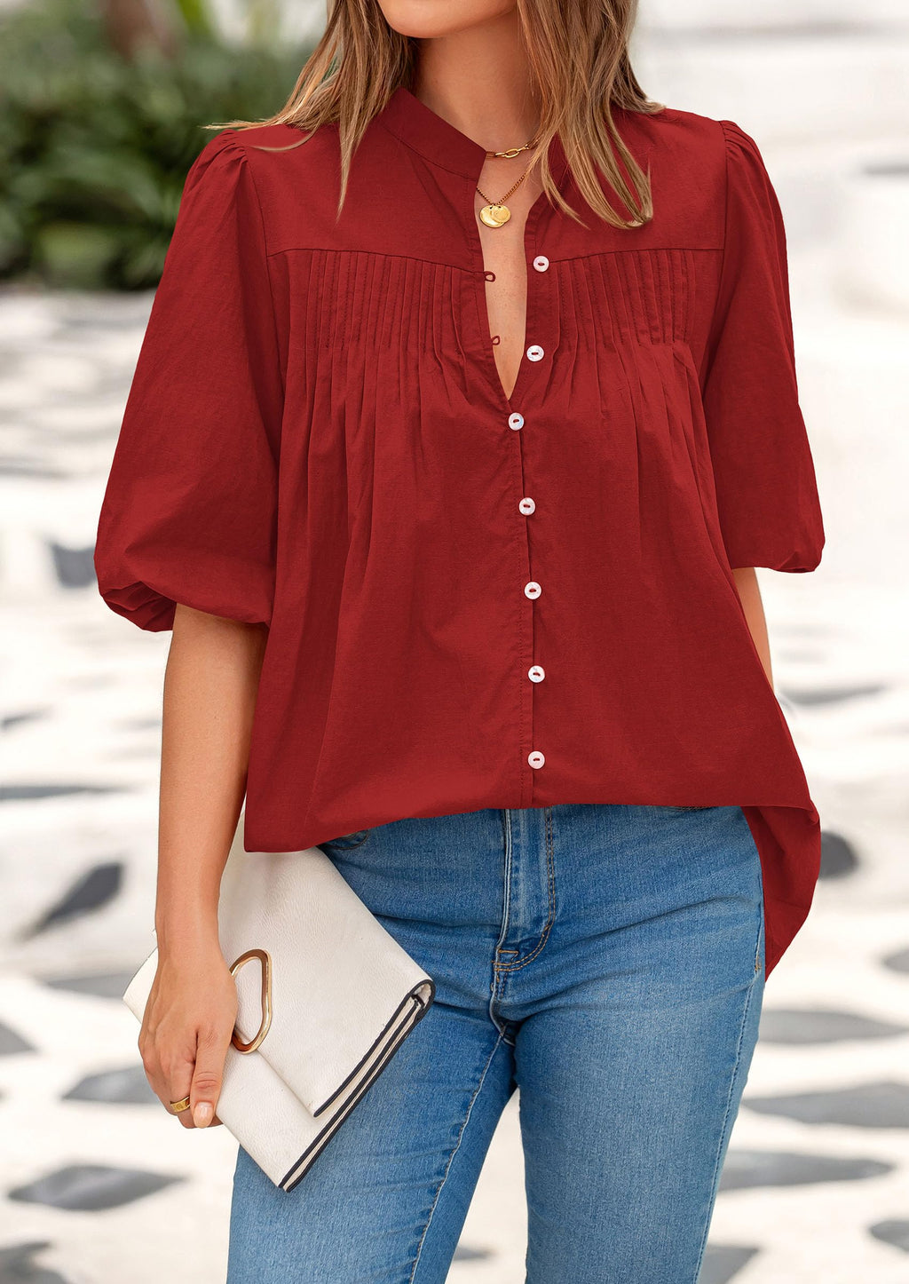 Women's Summer Short Lantern Sleeve Tops Loose Fit Button Down Shirt Casual Pleated V Neck Blouses