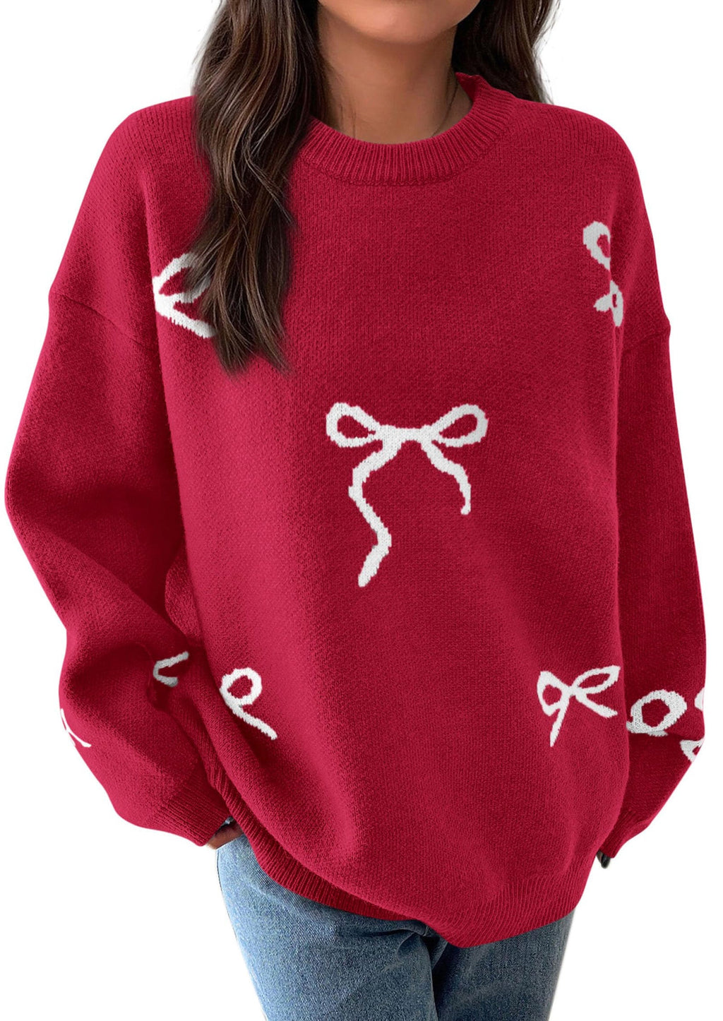 Fall Long Sleeve Pullover Sweaters for Women Trendy Crewneck Casual Cute Bow Chunky Knit Oversized Sweater