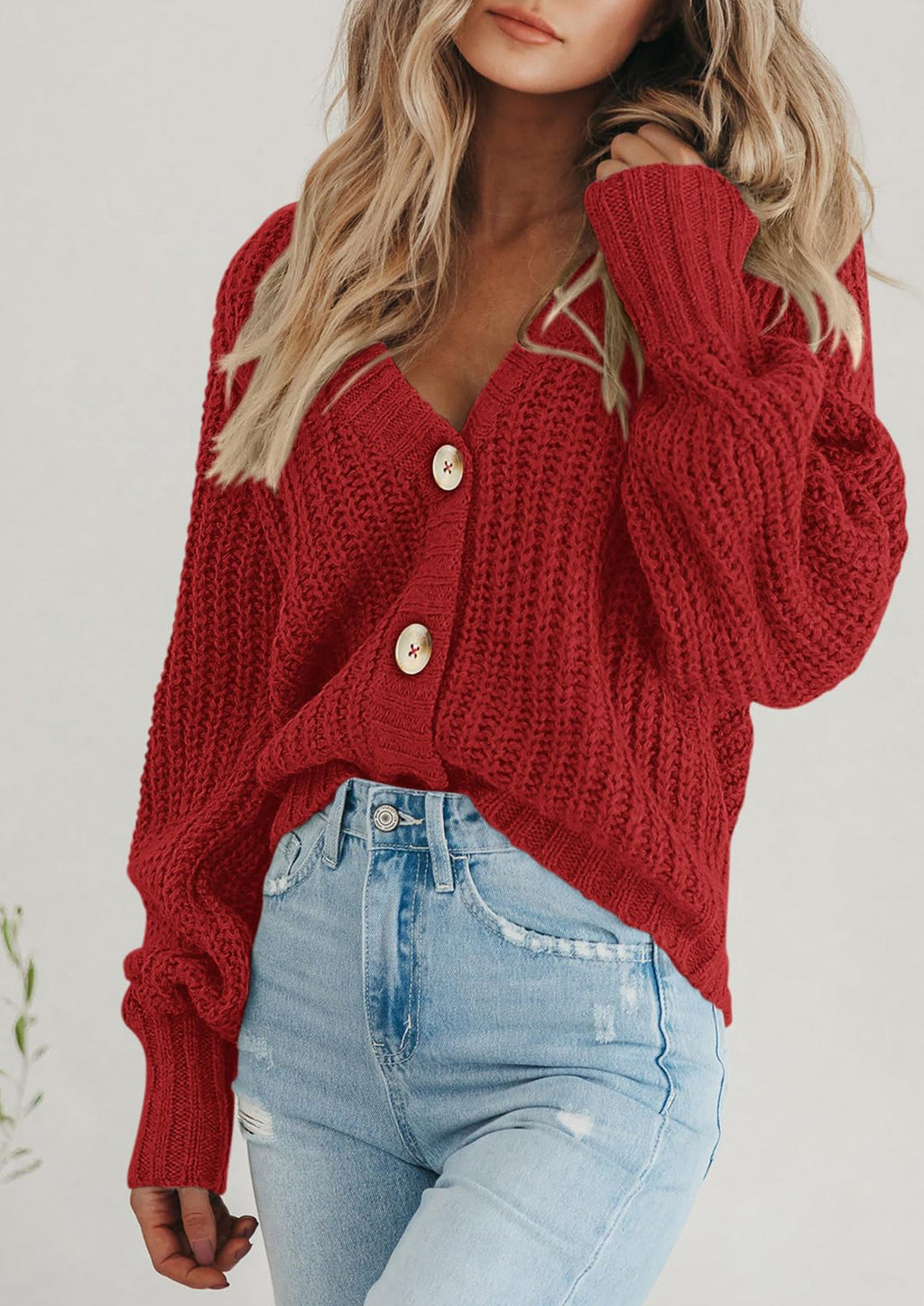 Women's Chunky Knit Open Front Sweater Long Sleeve Button Loose Short Cardigan Outerwear Coats