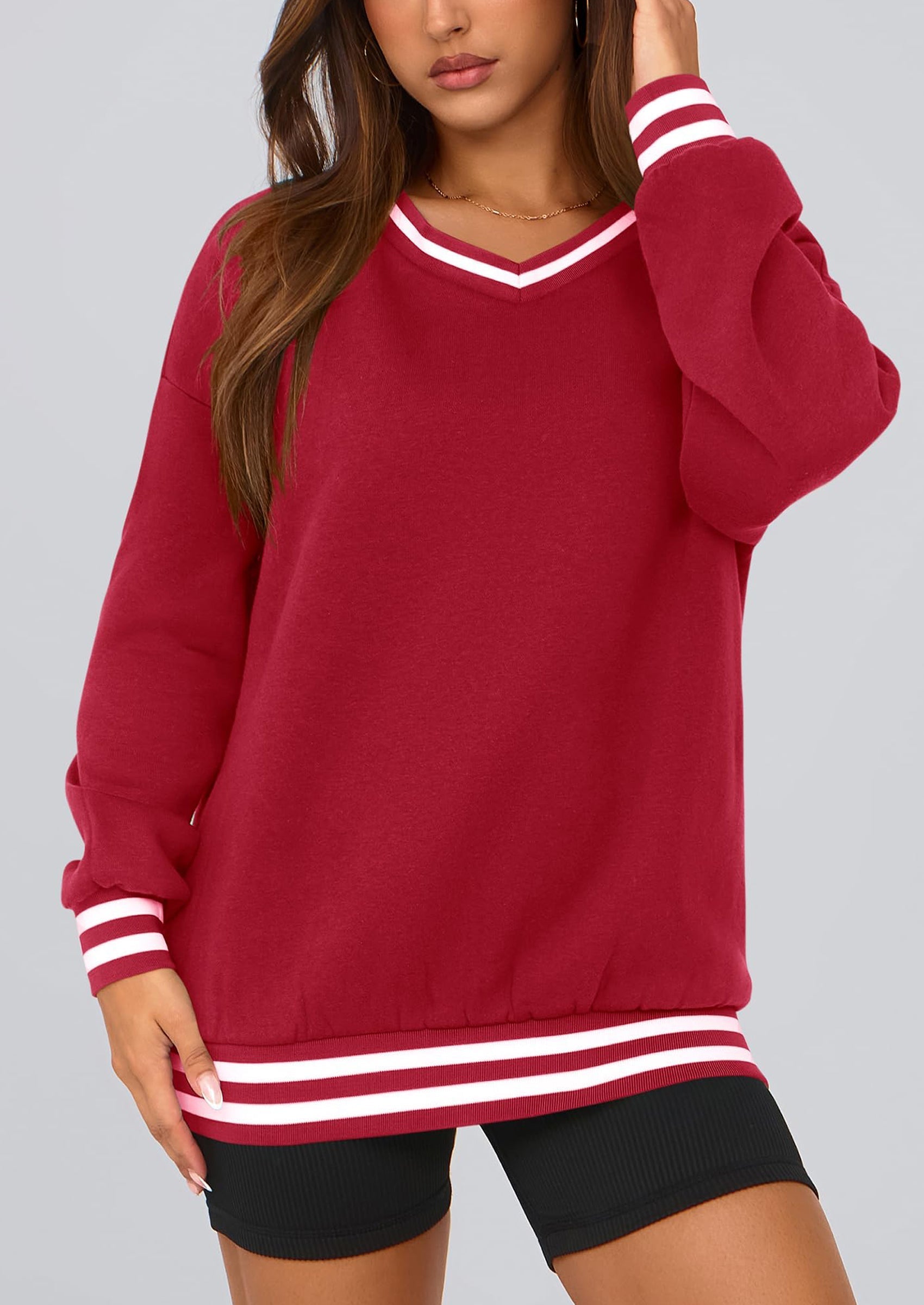 Women's Oversized Sweatshirts Casual Long Sleeve Stripes Knit V Neck Pullover Top Fall Teens Preppy Clothes