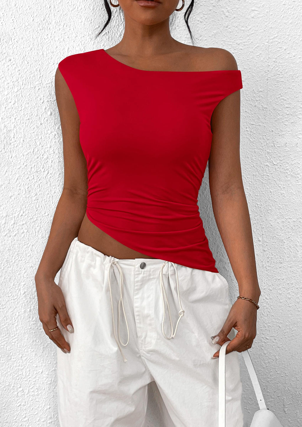 Womens Off The Shoulder Tops Summer Sleeveless One Shoulder Ruched Asymmetrical Y2K Going Out Crop Tank Top