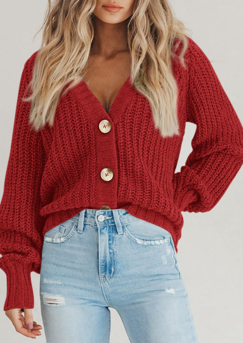 Women's Chunky Knit Open Front Sweater Long Sleeve Button Loose Short Cardigan Outerwear Coats