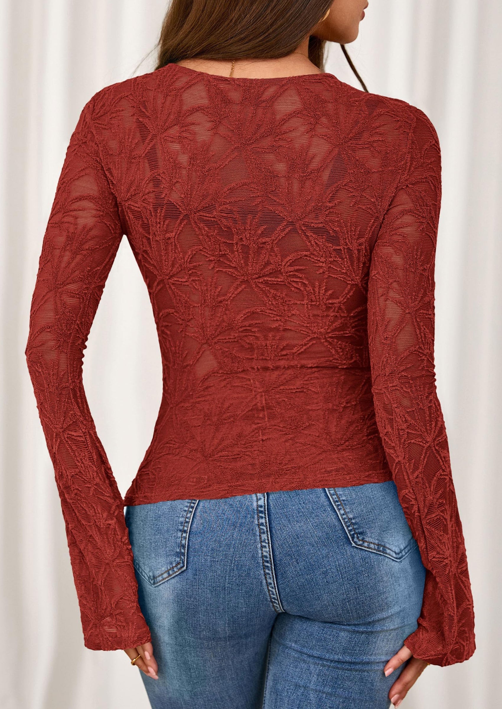 Womens Lace Long Bell Sleeve Tops Fall Sexy See Through Sheer Floral Blouse Shirt Fitted Going Out Outfits