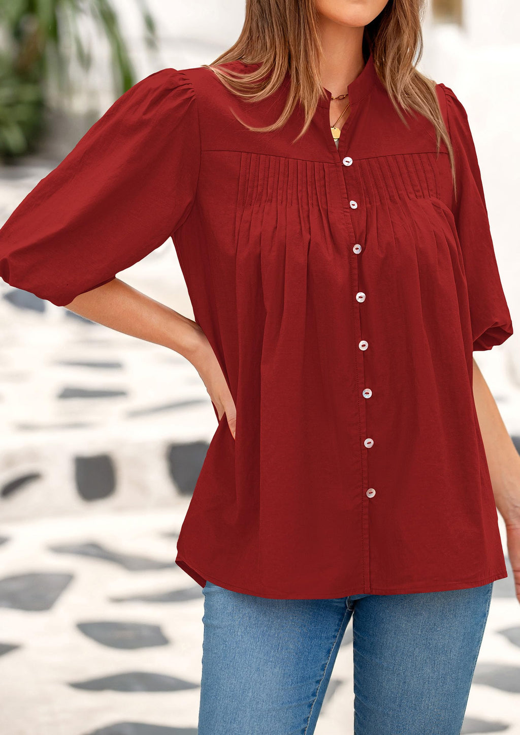 Women's Summer Short Lantern Sleeve Tops Loose Fit Button Down Shirt Casual Pleated V Neck Blouses