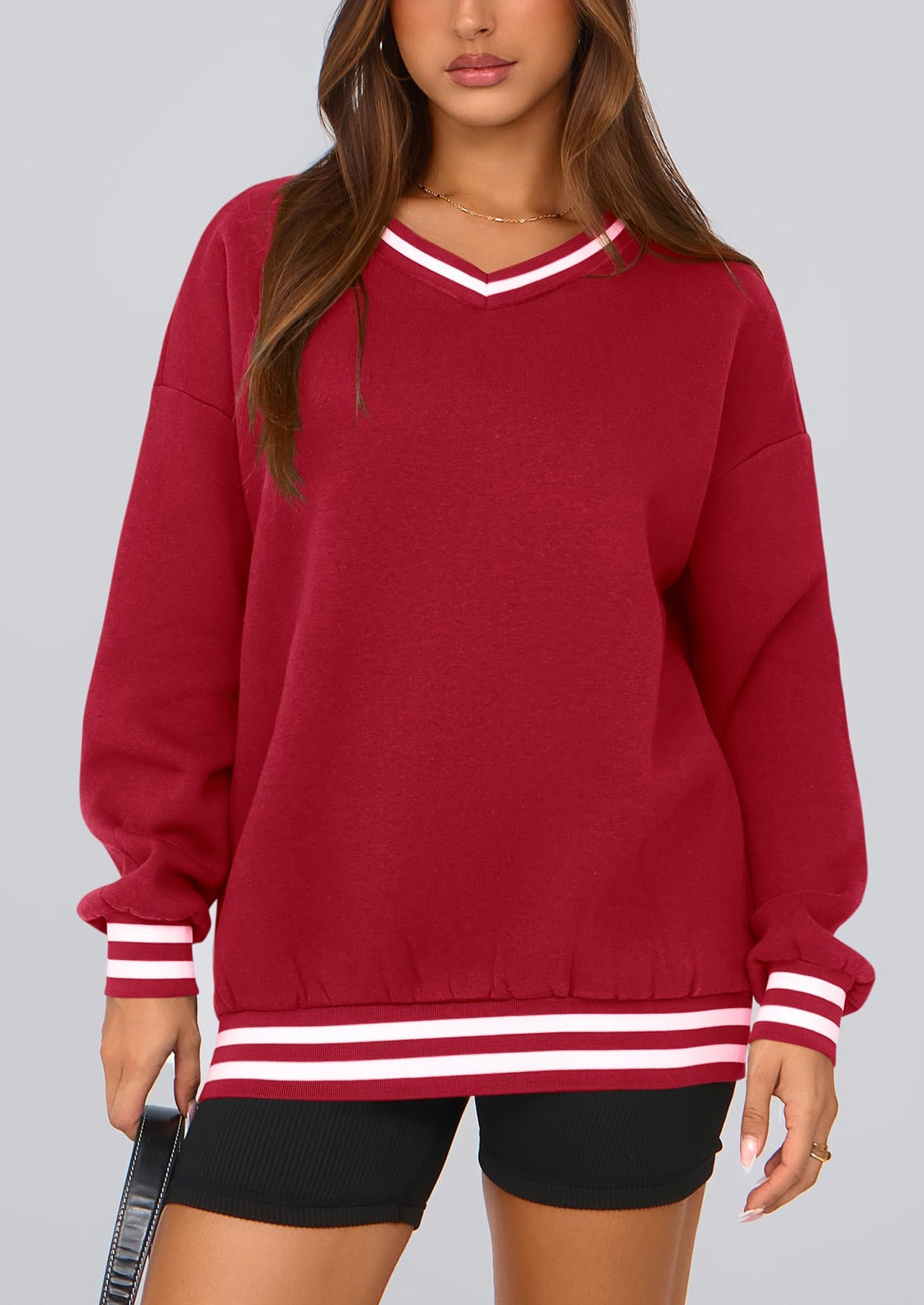 Women's Oversized Sweatshirts Casual Long Sleeve Stripes Knit V Neck Pullover Top Fall Teens Preppy Clothes