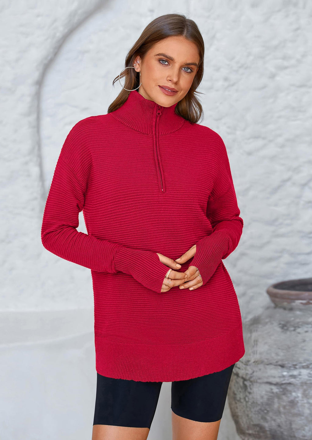 Womens Long Sleeve Quarter Zip Pullover Sweater Casual Loose V Neck Collared Ribbed Knit Jumper Tops Thumb Hole