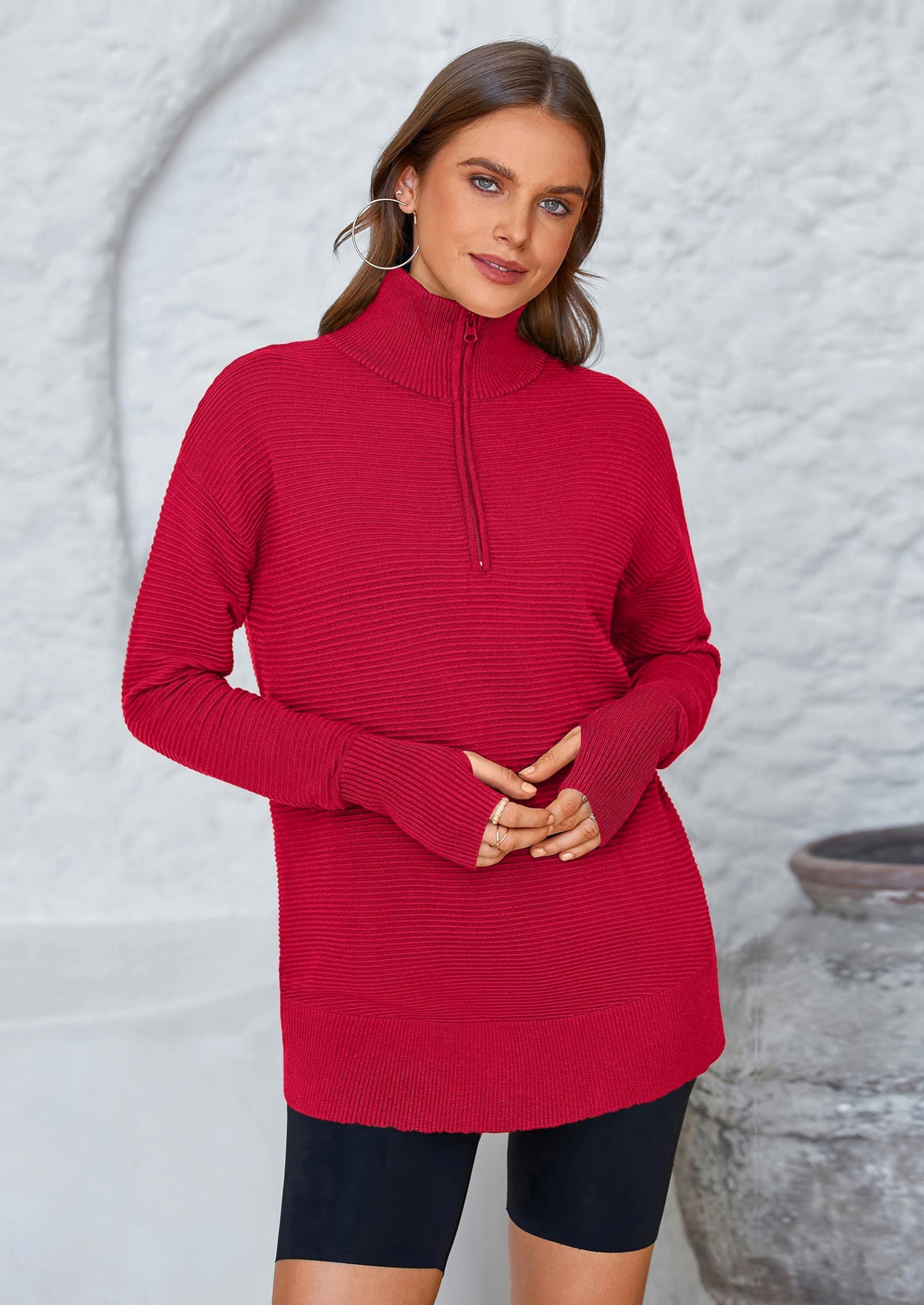 Womens Long Sleeve Quarter Zip Pullover Sweater Casual Loose V Neck Collared Ribbed Knit Jumper Tops Thumb Hole