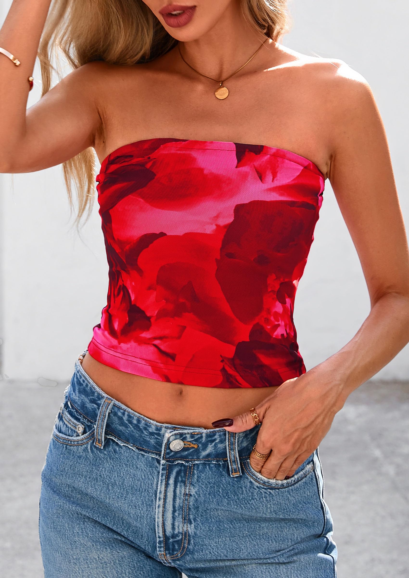 Strapless Tube Tops for Women Summer Mesh Floral Y2K Bandeau Cute Crop Top Trendy Going Out Outfits