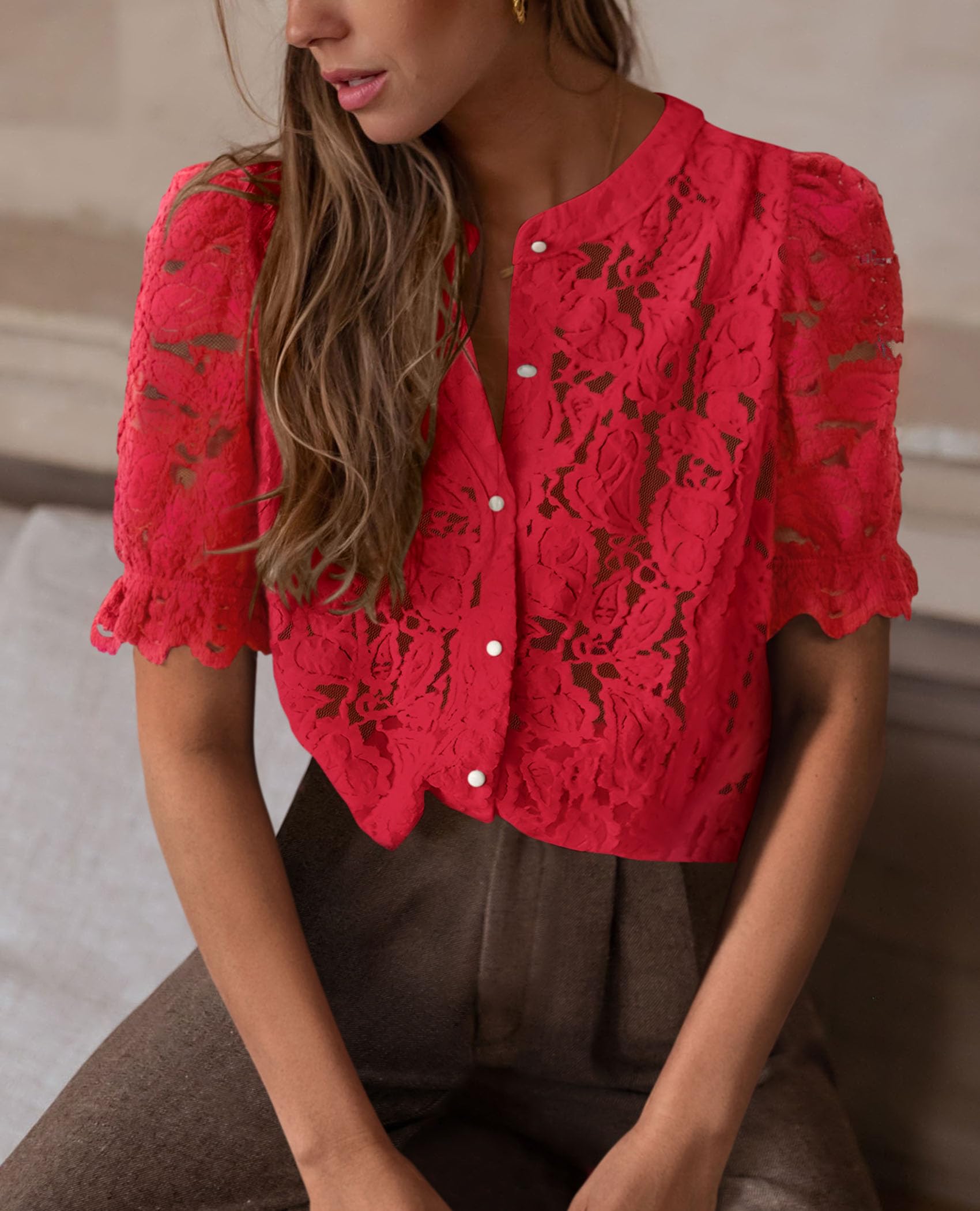 Womens Spring Lace Tops Short Puff Sleeve Casual Dressy Blouses Eyelet Crew Neck Button Down Shirts