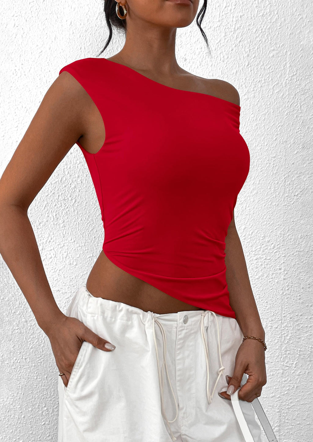 Womens Off The Shoulder Tops Summer Sleeveless One Shoulder Ruched Asymmetrical Y2K Going Out Crop Tank Top