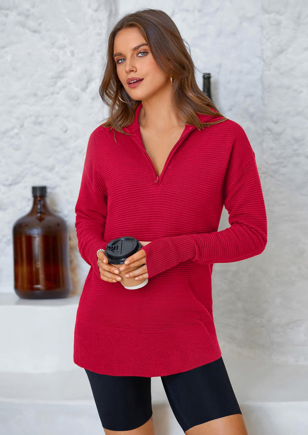 Womens Long Sleeve Quarter Zip Pullover Sweater Casual Loose V Neck Collared Ribbed Knit Jumper Tops Thumb Hole
