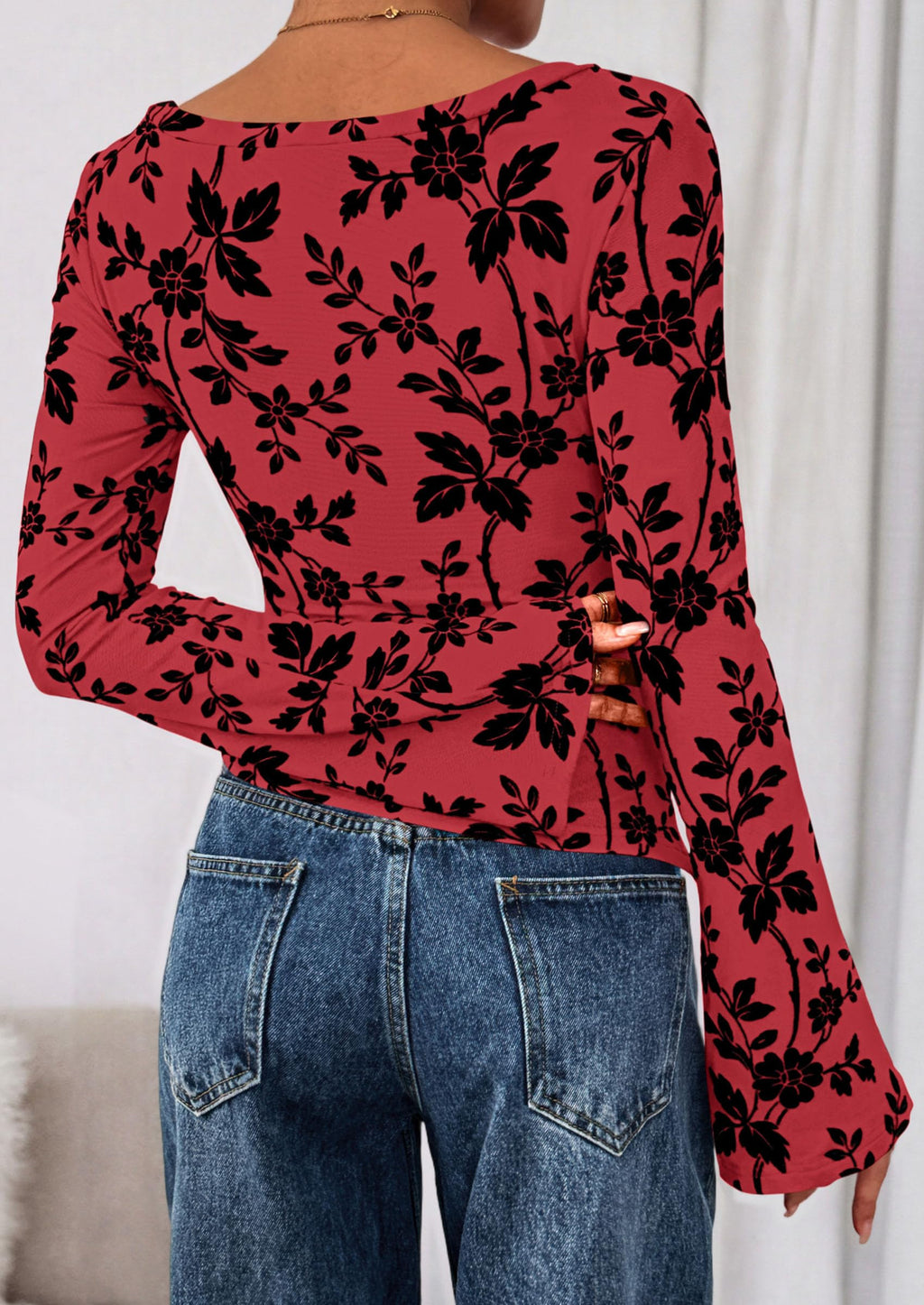 Women Long Sleeve Floral Mesh Tops Blouse  Fall Trendy Boat Neck Ruched Fitted Shirt Going Out Date Outfits
