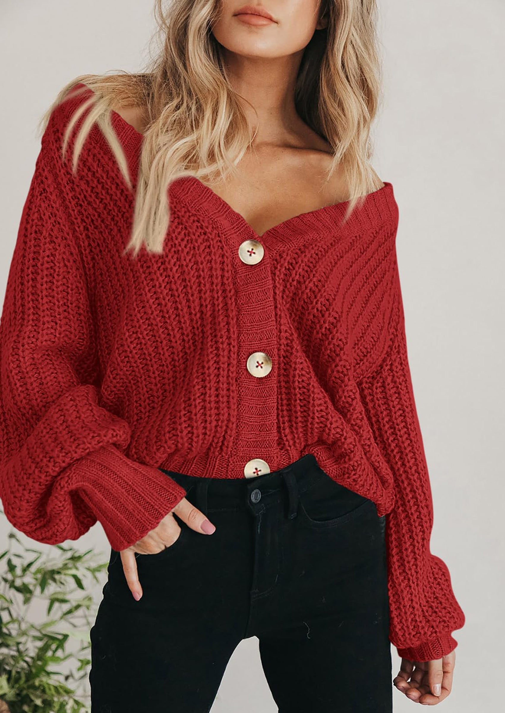 Women's Chunky Knit Open Front Sweater Long Sleeve Button Loose Short Cardigan Outerwear Coats