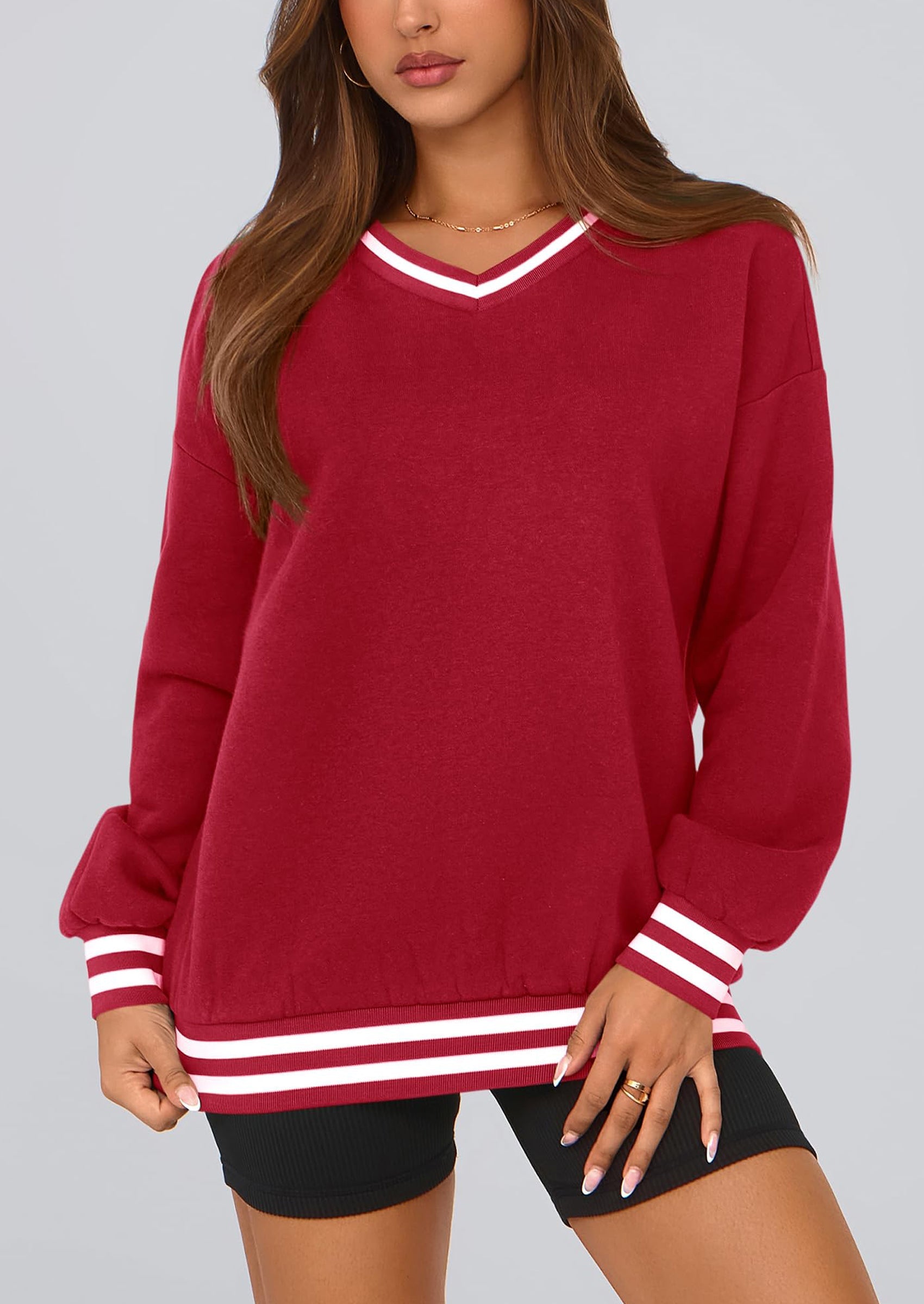 Women's Oversized Sweatshirts Casual Long Sleeve Stripes Knit V Neck Pullover Top Fall Teens Preppy Clothes