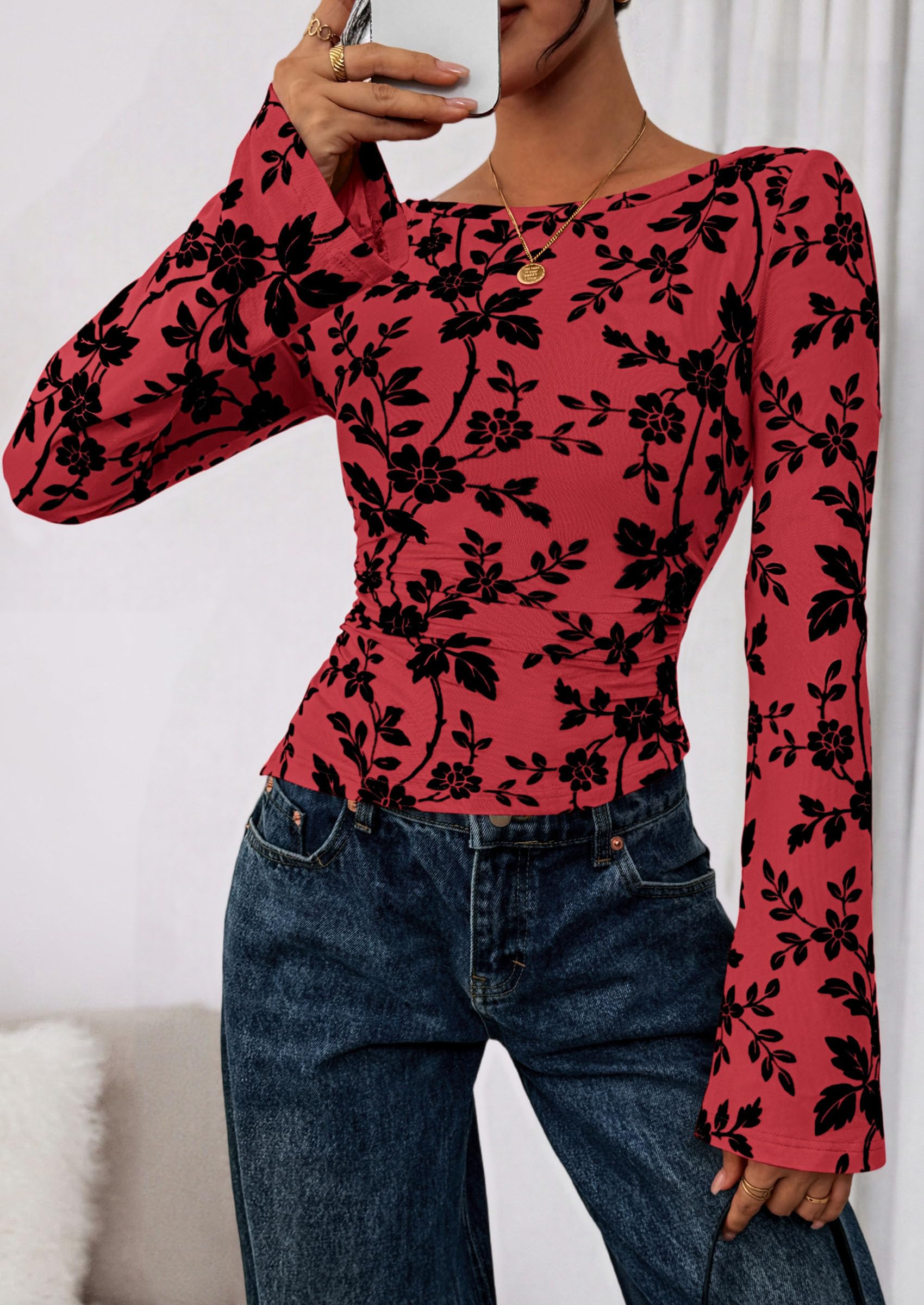 Women Long Sleeve Floral Mesh Tops Blouse  Fall Trendy Boat Neck Ruched Fitted Shirt Going Out Date Outfits
