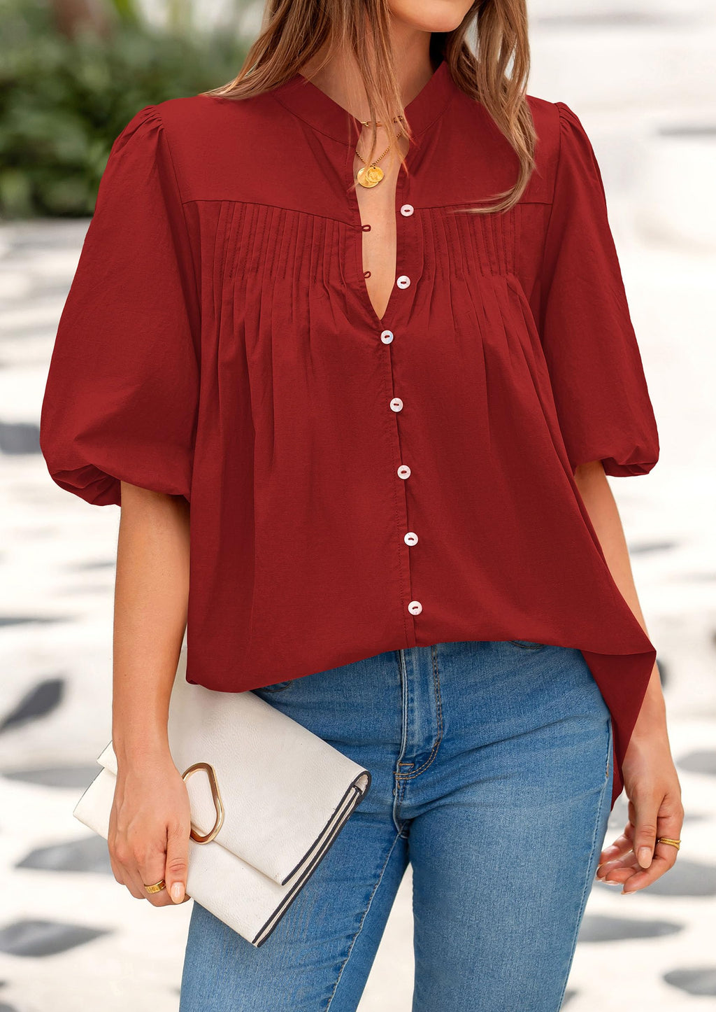 Women's Summer Short Lantern Sleeve Tops Loose Fit Button Down Shirt Casual Pleated V Neck Blouses