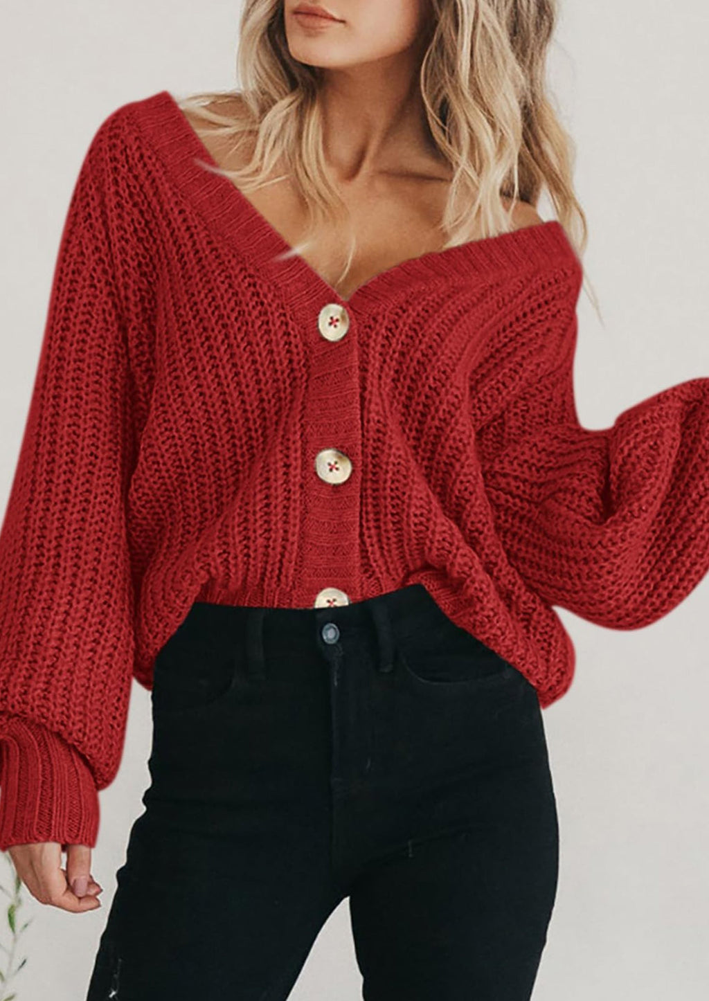 Women's Chunky Knit Open Front Sweater Long Sleeve Button Loose Short Cardigan Outerwear Coats