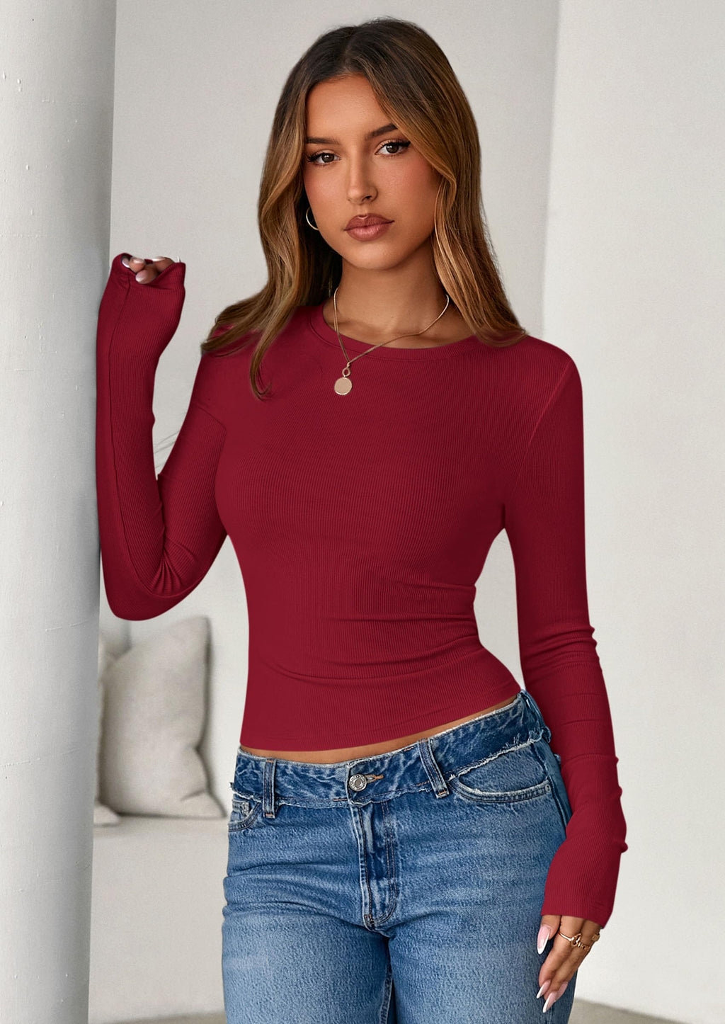 Womens Summer Fall Long Sleeve Shirts Ribbed Knit Fitted Basic Tee Going Out Tops Underscrub Casual Outfits