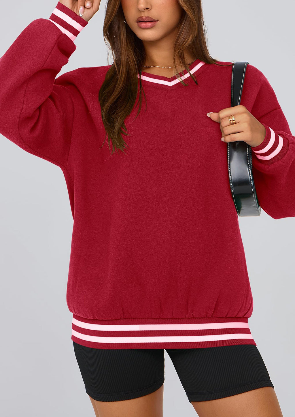 Women's Oversized Sweatshirts Casual Long Sleeve Stripes Knit V Neck Pullover Top Fall Teens Preppy Clothes