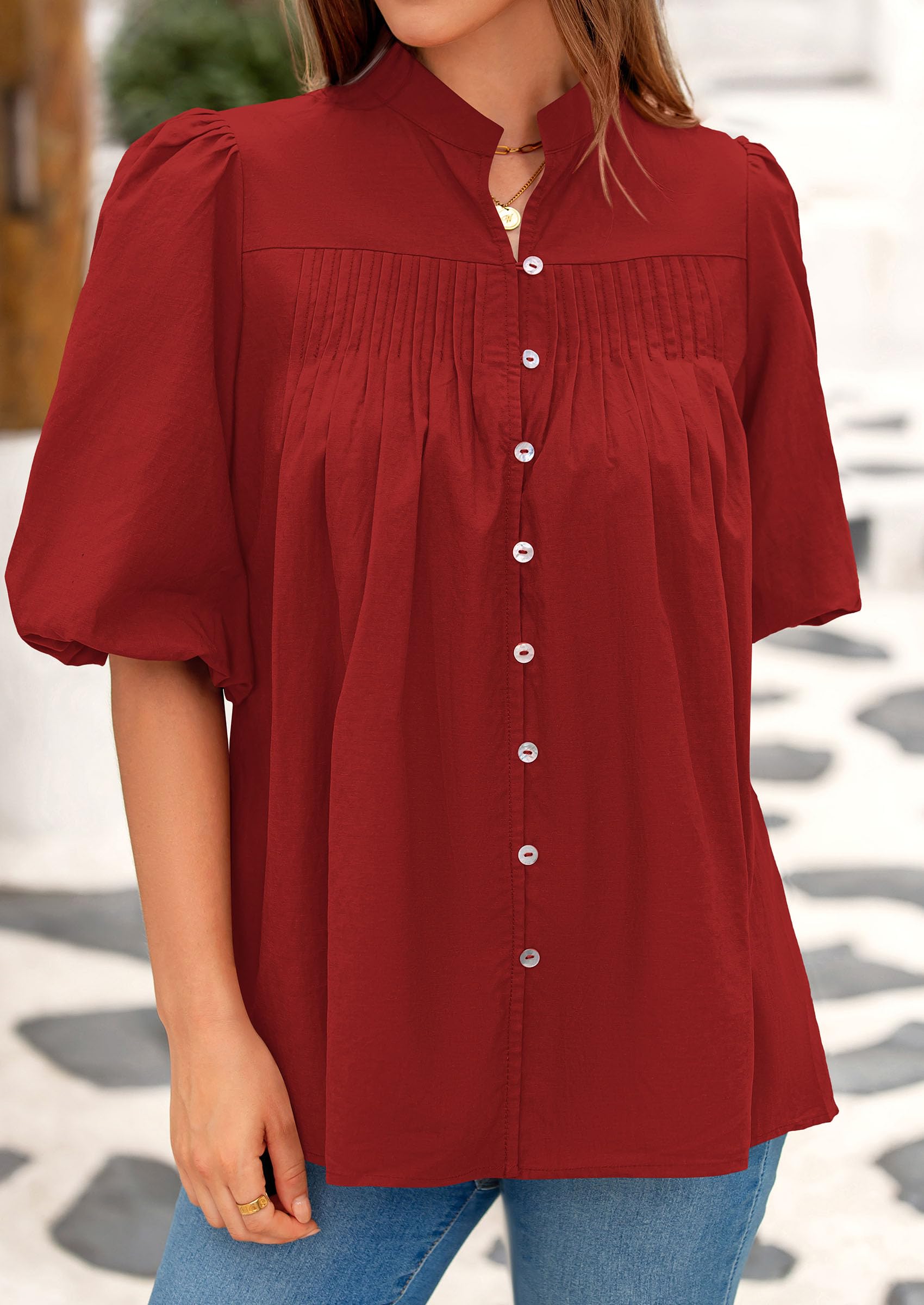 Women's Summer Short Lantern Sleeve Tops Loose Fit Button Down Shirt Casual Pleated V Neck Blouses