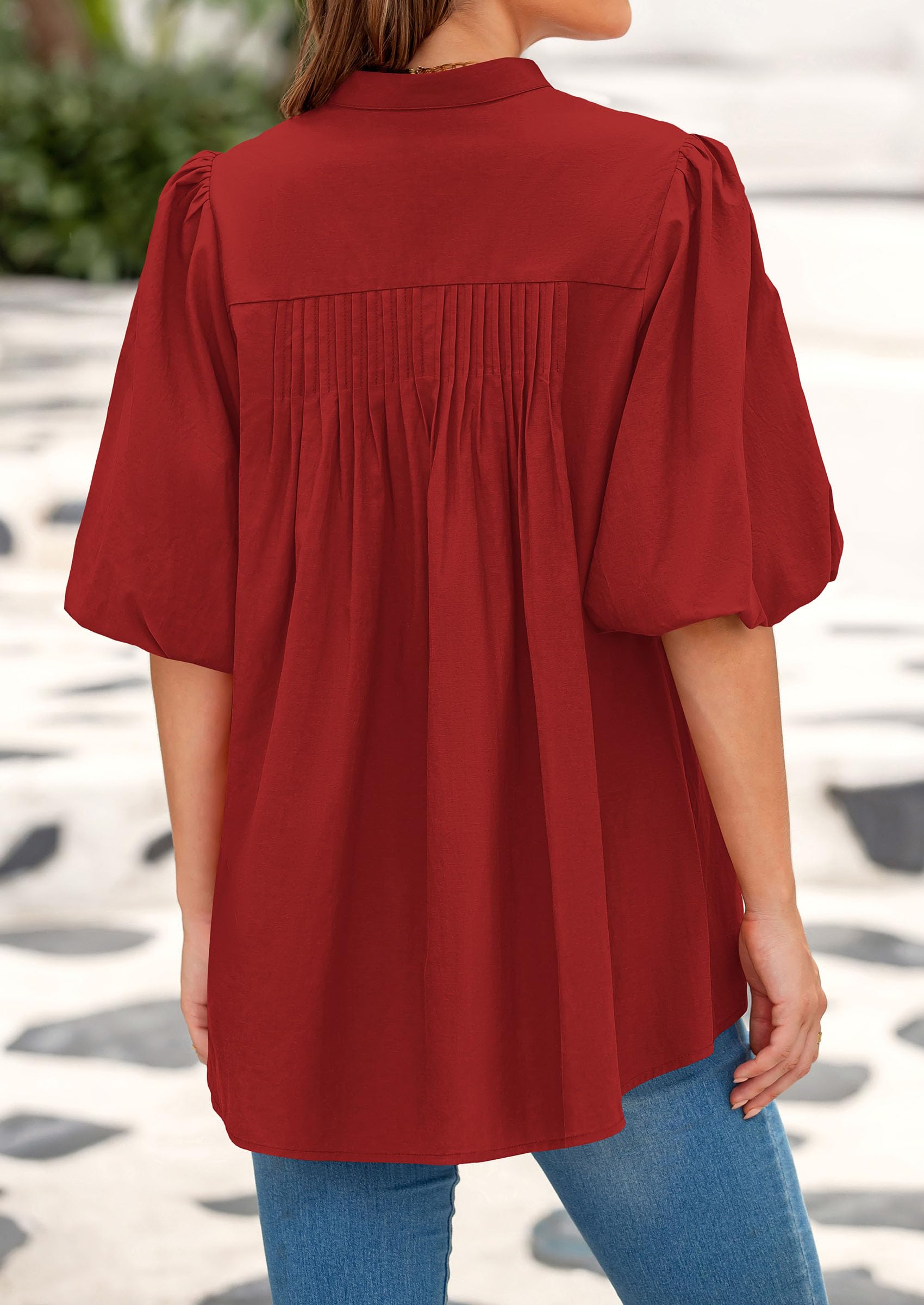 Women's Summer Short Lantern Sleeve Tops Loose Fit Button Down Shirt Casual Pleated V Neck Blouses