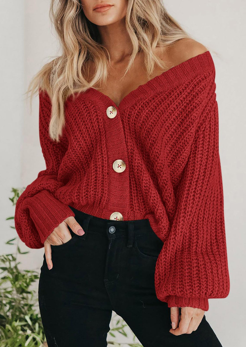 Women's Chunky Knit Open Front Sweater Long Sleeve Button Loose Short Cardigan Outerwear Coats