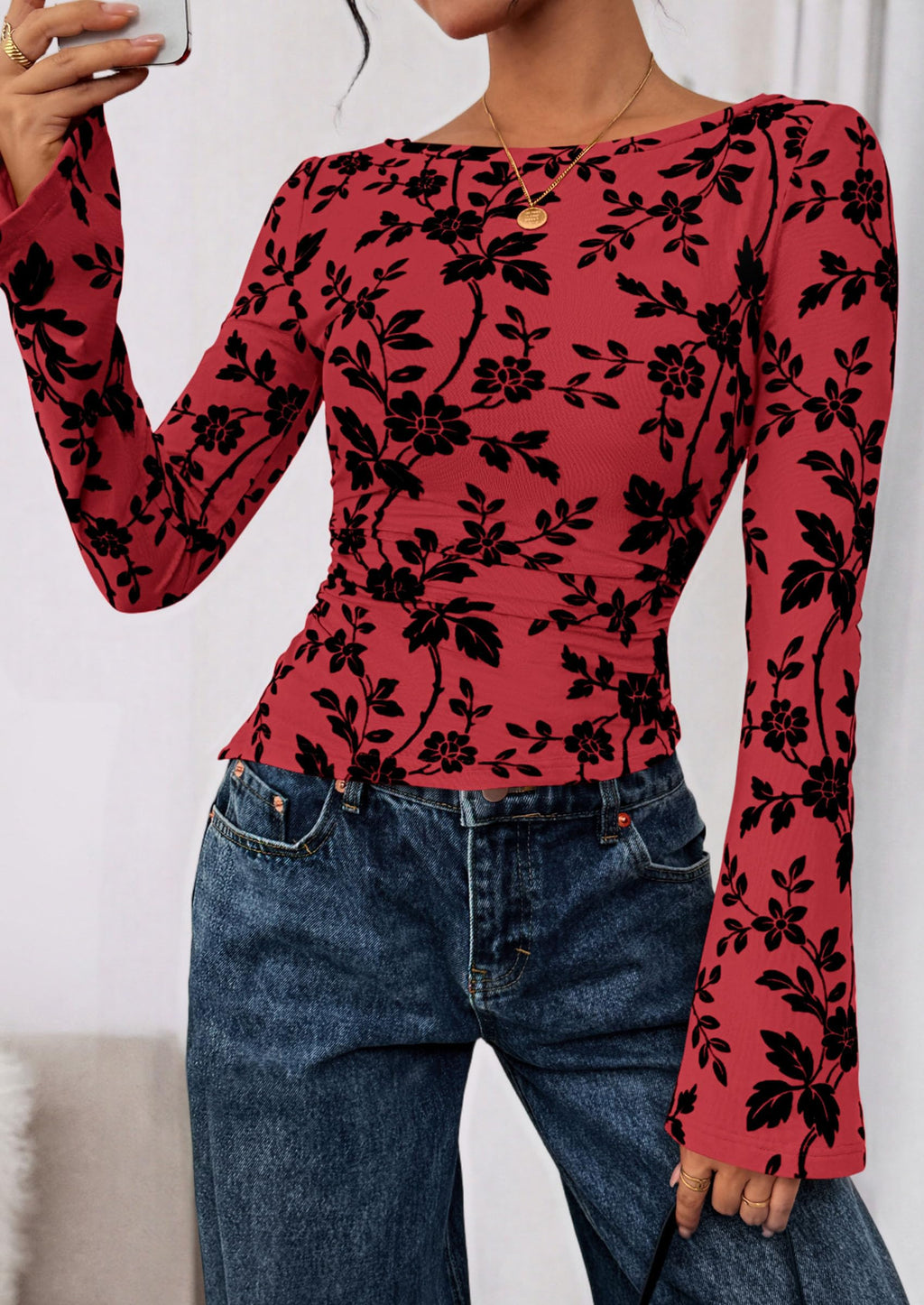 Women Long Sleeve Floral Mesh Tops Blouse  Fall Trendy Boat Neck Ruched Fitted Shirt Going Out Date Outfits