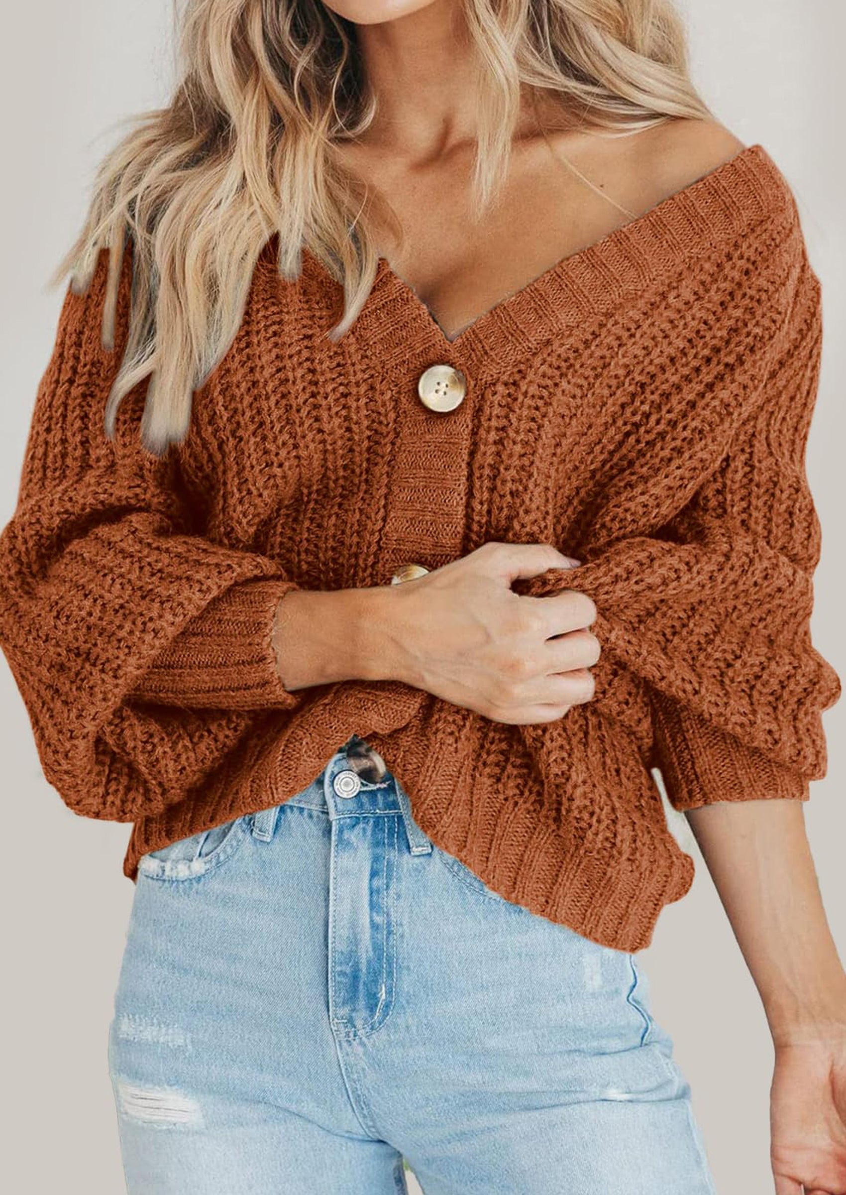 Women's Chunky Knit Open Front Sweater Long Sleeve Button Loose Short Cardigan Outerwear Coats