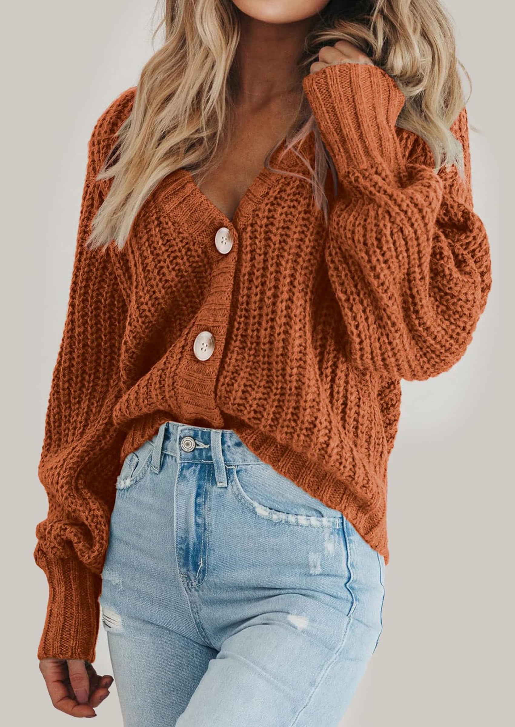 Women's Chunky Knit Open Front Sweater Long Sleeve Button Loose Short Cardigan Outerwear Coats