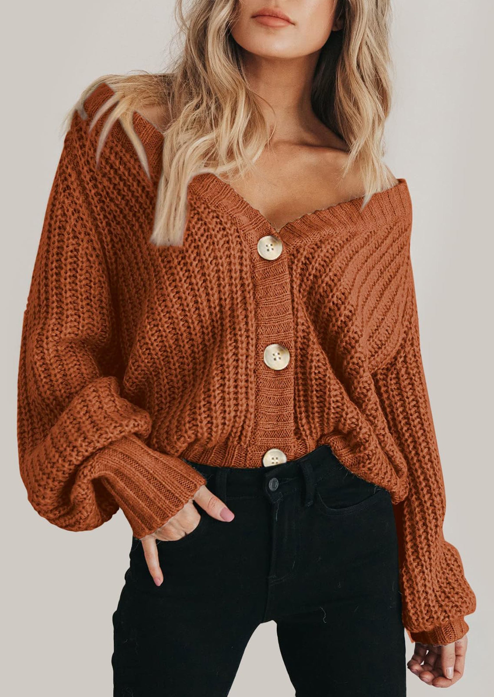 Women's Chunky Knit Open Front Sweater Long Sleeve Button Loose Short Cardigan Outerwear Coats