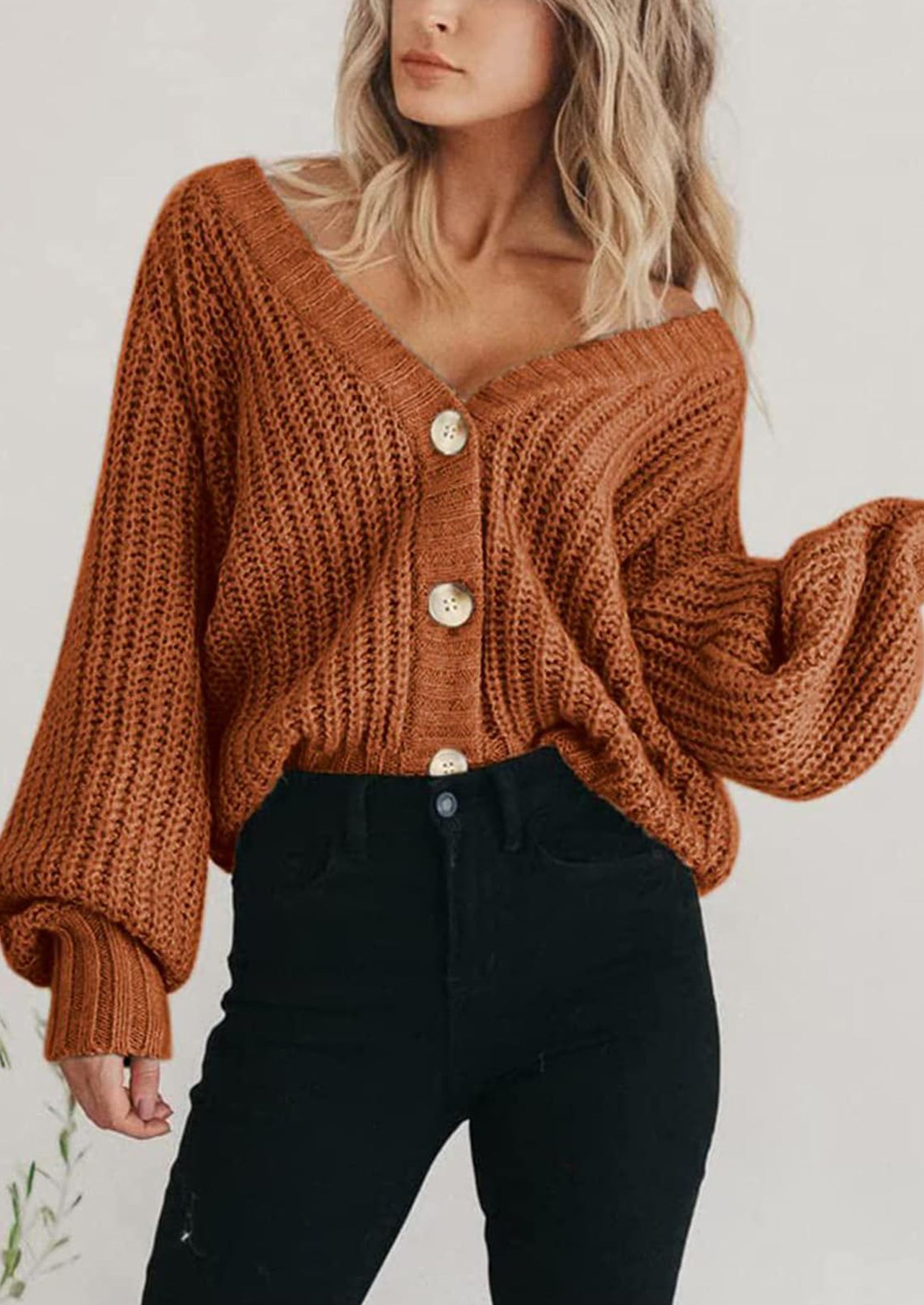 Women's Chunky Knit Open Front Sweater Long Sleeve Button Loose Short Cardigan Outerwear Coats