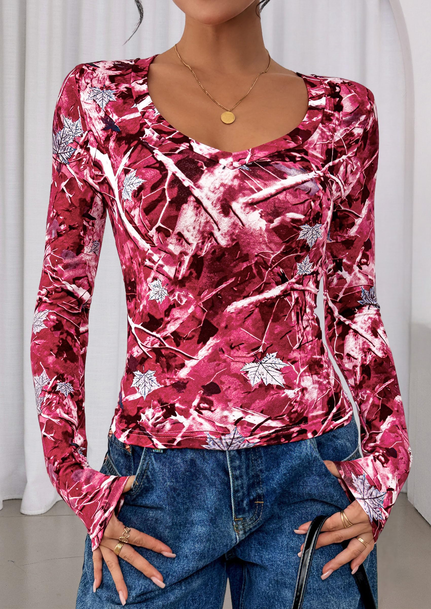 Womens Long Sleeve T Shirts Fall Trendy Deep V Neck Slim Fit Basic Crop Tops Casual Going Out Top