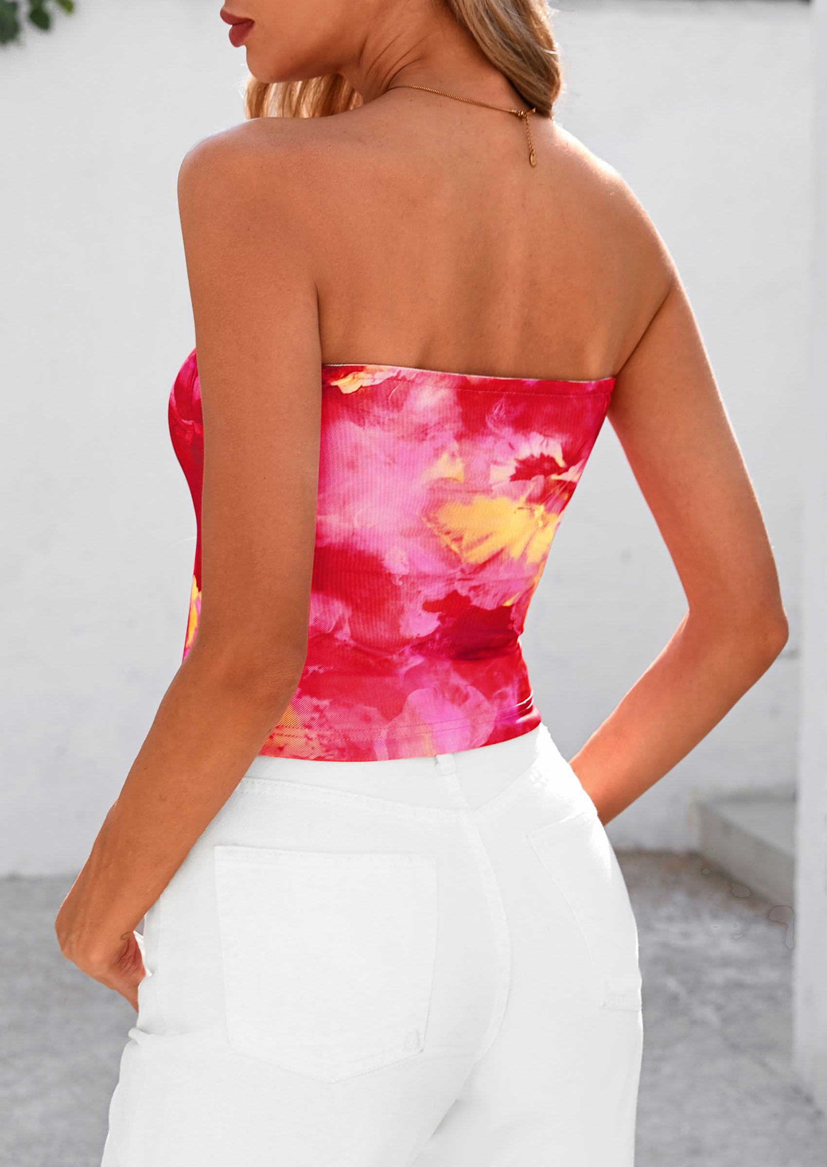 Strapless Tube Tops for Women Summer Mesh Floral Y2K Bandeau Cute Crop Top Trendy Going Out Outfits