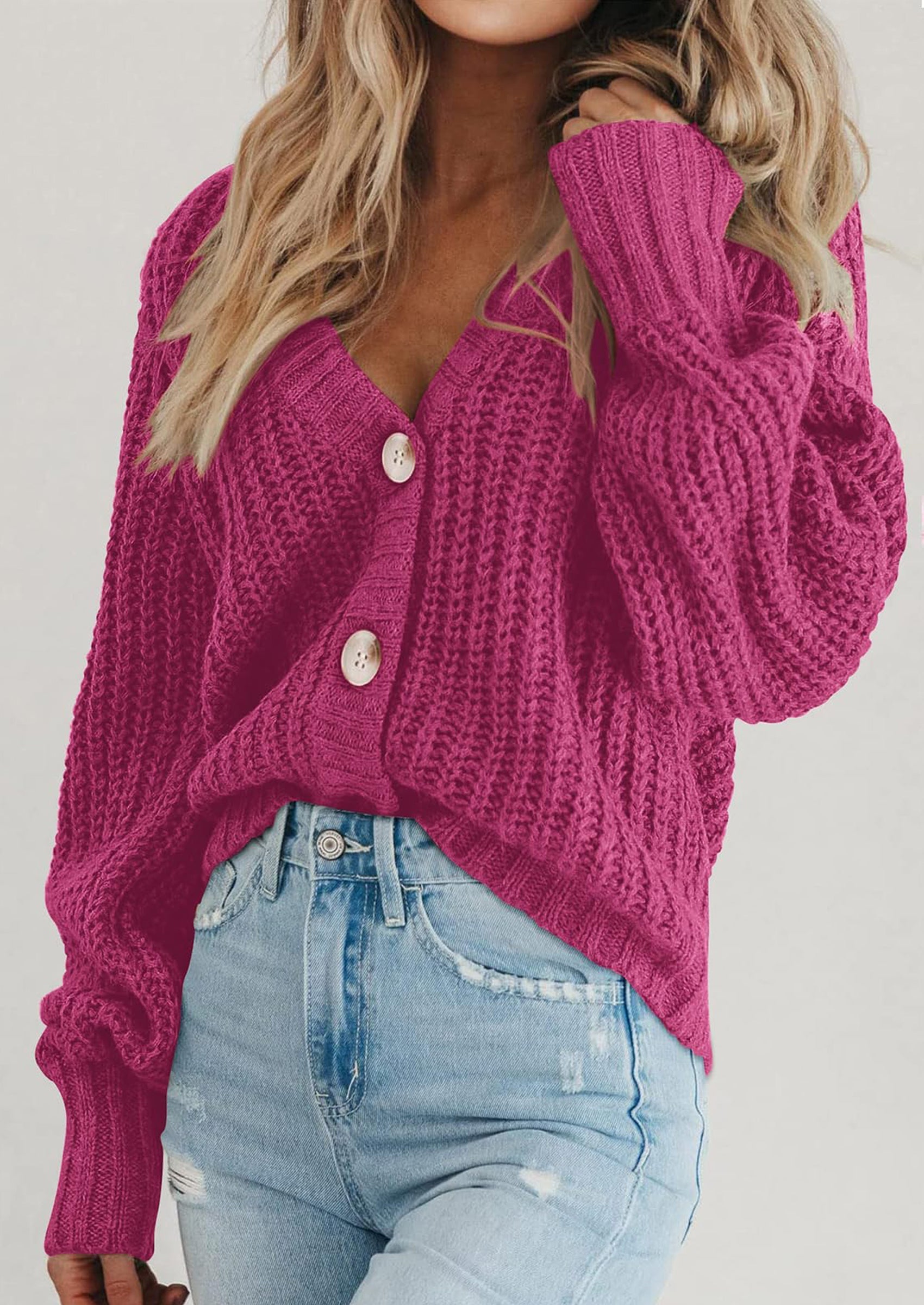 Women's Chunky Knit Open Front Sweater Long Sleeve Button Loose Short Cardigan Outerwear Coats