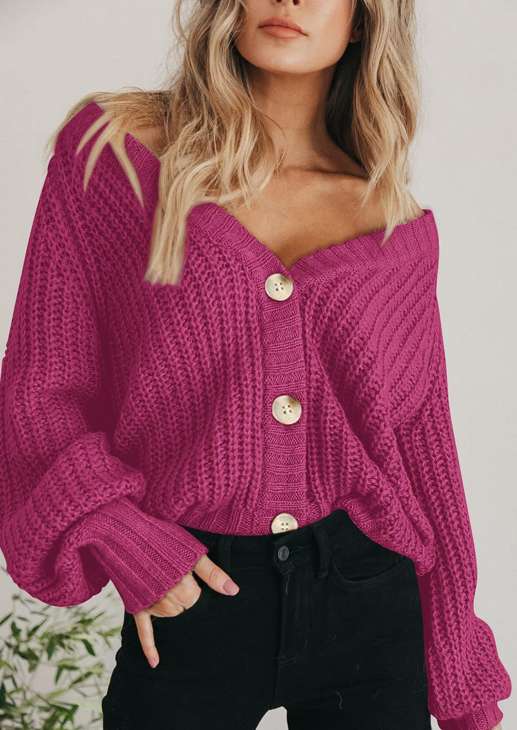 Women's Chunky Knit Open Front Sweater Long Sleeve Button Loose Short Cardigan Outerwear Coats