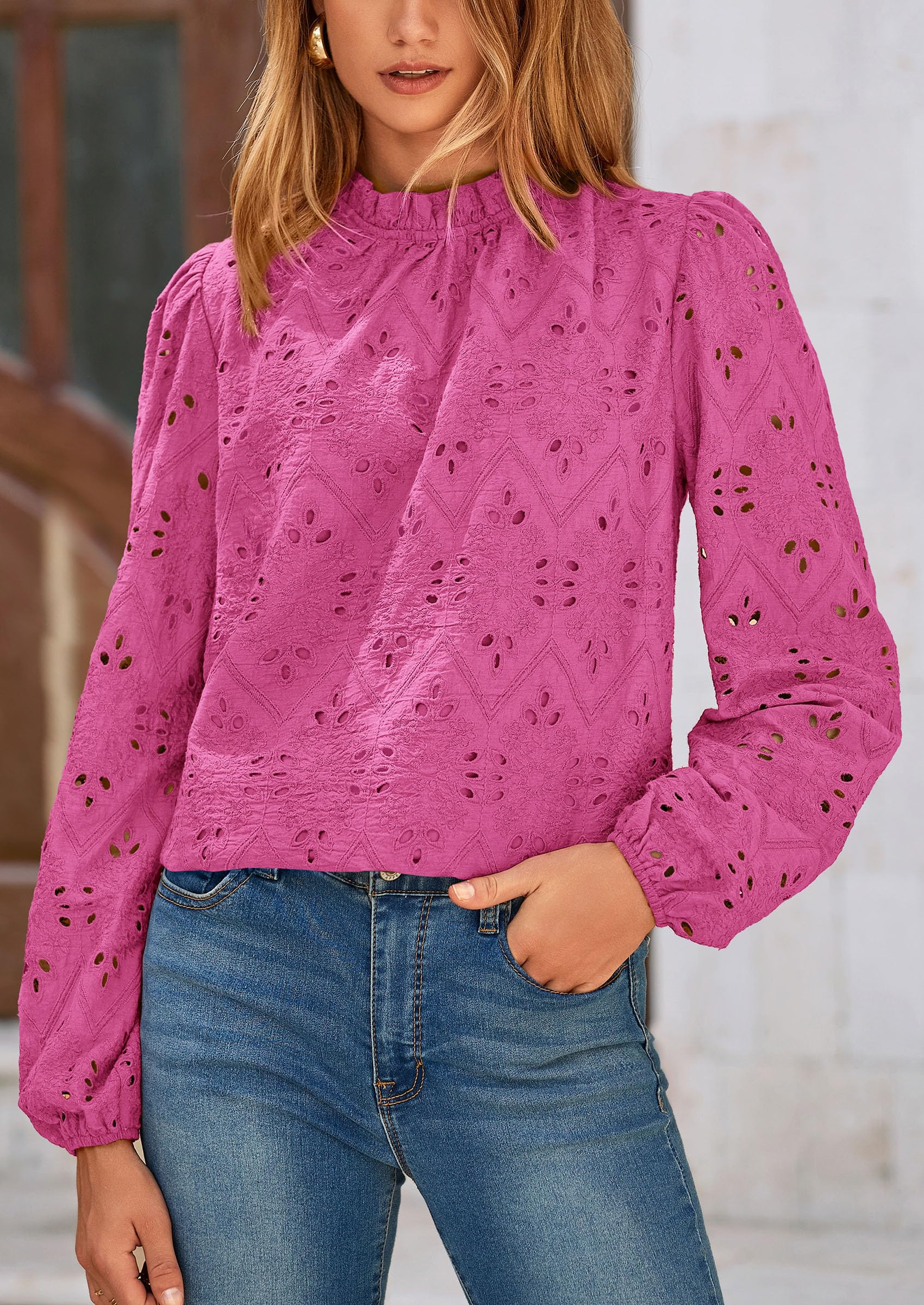 Womens Tops Dressy Casual Spring Long Sleeve Shirts Embroidered Eyelet Blouses Going Out Outfits