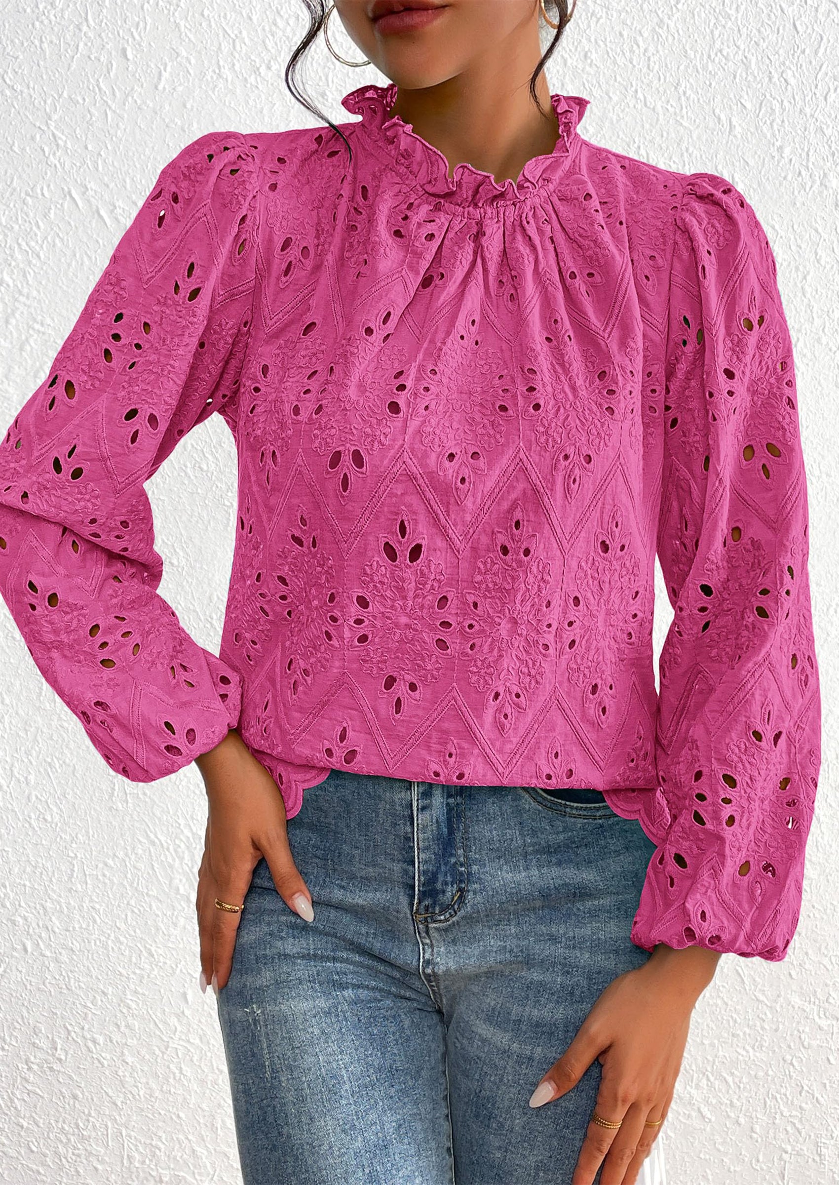 Womens Tops Dressy Casual Spring Long Sleeve Shirts Embroidered Eyelet Blouses Going Out Outfits