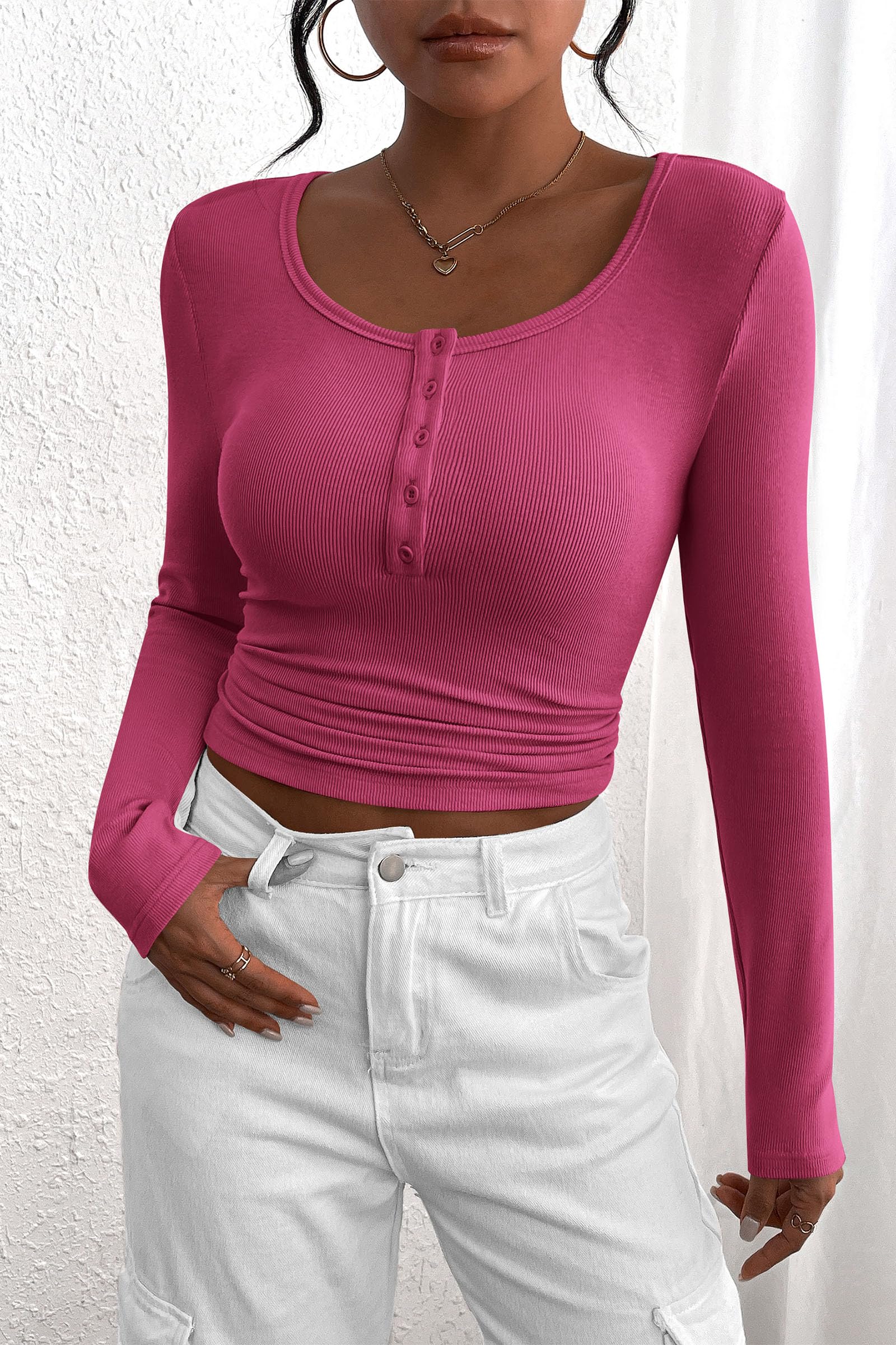 Women's Spring Fall Long Sleeve Henley T Shirts Button Ribbed Knit Slim Fit Casual Basic Tops Blouse