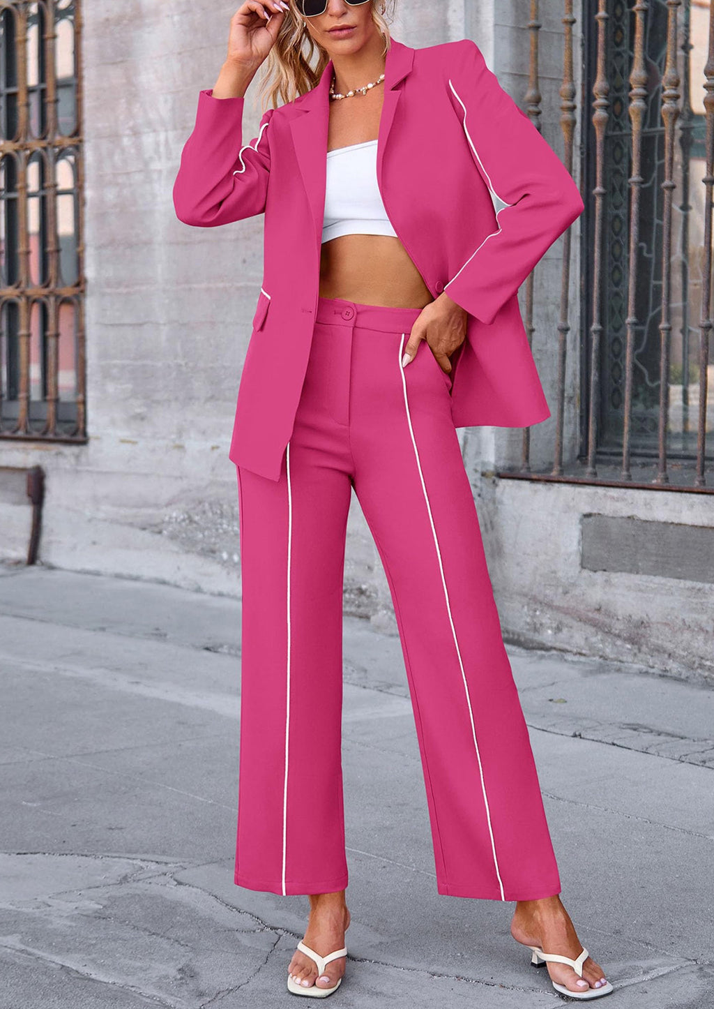 2 Piece Blazer Outfits Business Casual Oversized Jacket Wide Leg Work Pants Dressy Suit Set