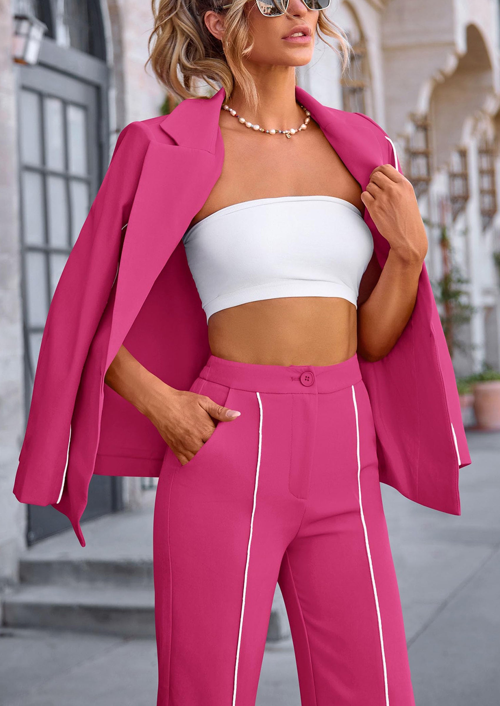2 Piece Blazer Outfits Business Casual Oversized Jacket Wide Leg Work Pants Dressy Suit Set