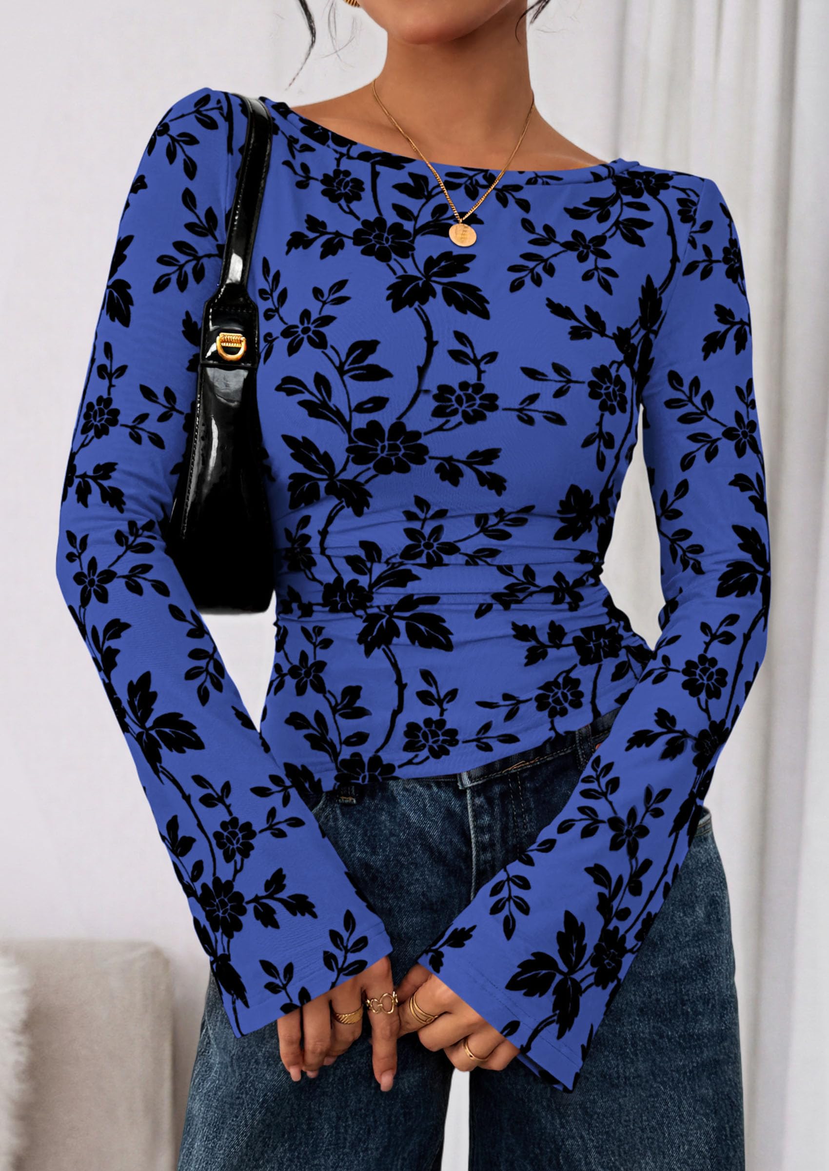 Women Long Sleeve Floral Mesh Tops Blouse  Fall Trendy Boat Neck Ruched Fitted Shirt Going Out Date Outfits